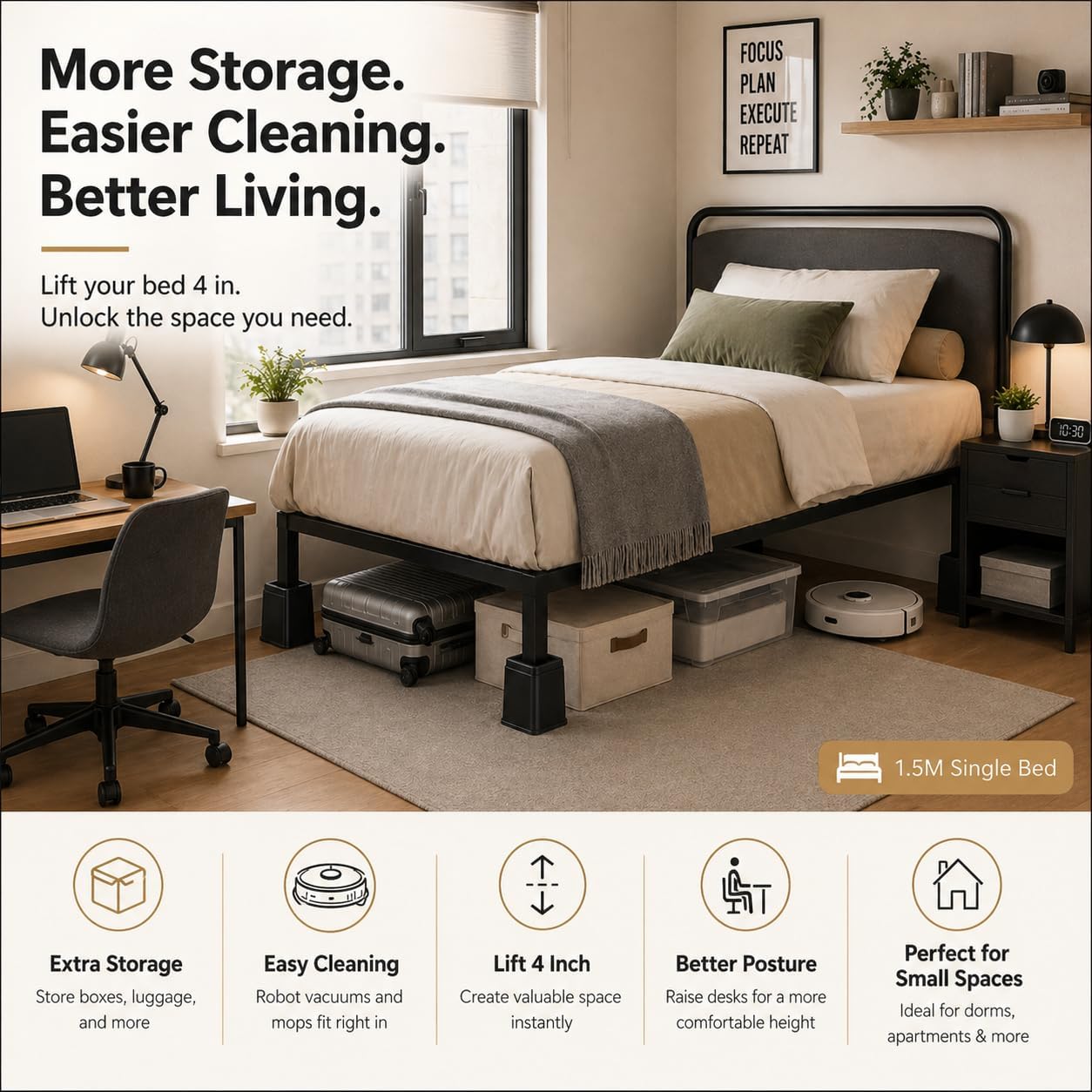 BTSD-home Bed Risers 4 Inch, 4 Pack | Heavy Duty Stackable Furniture Lifters for Dorm Beds, Sofas, Couches and Tables