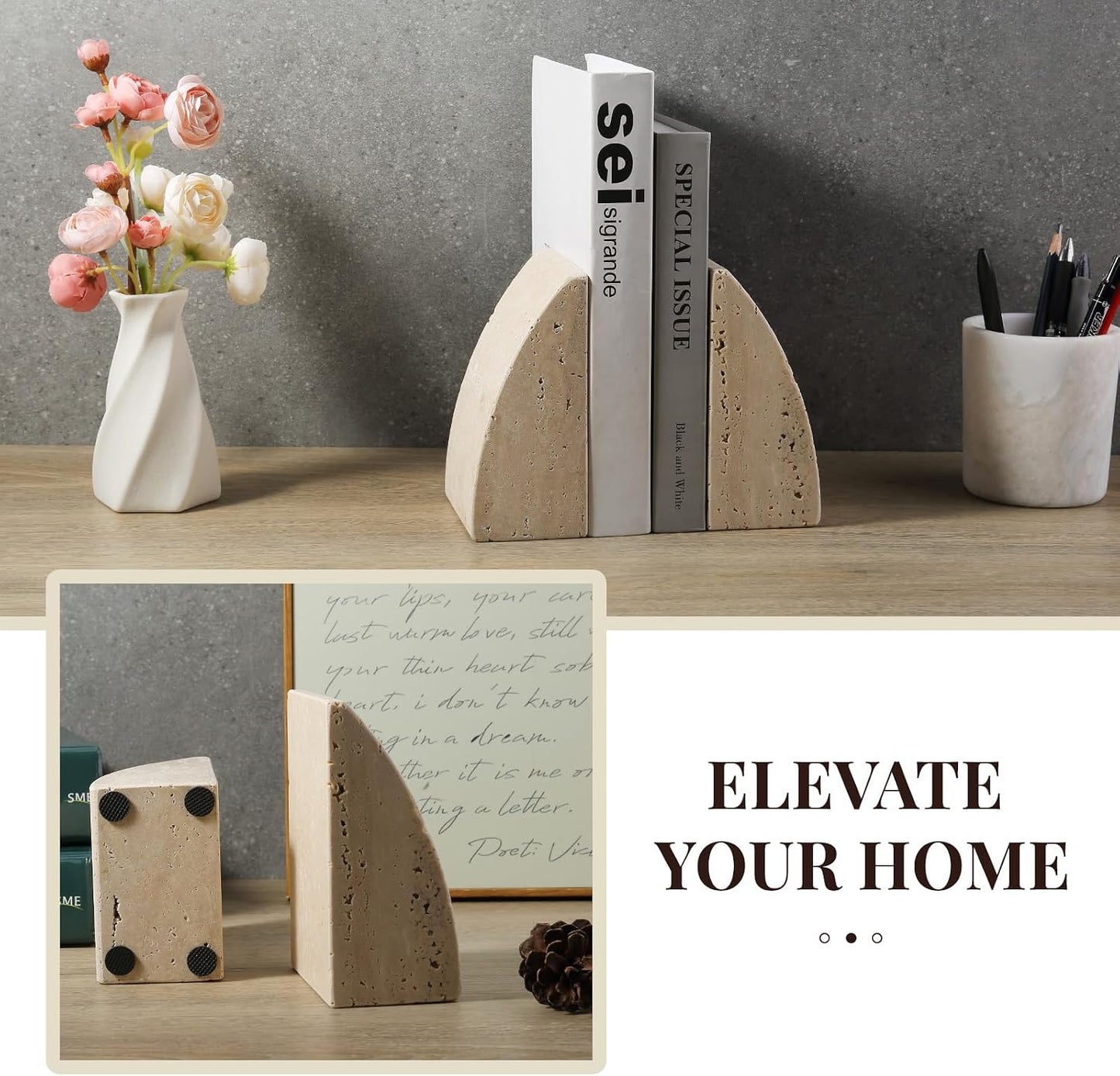 Travertine Bookends / Non-Slip Heavy Duty Book Stopper / Sail-travertine