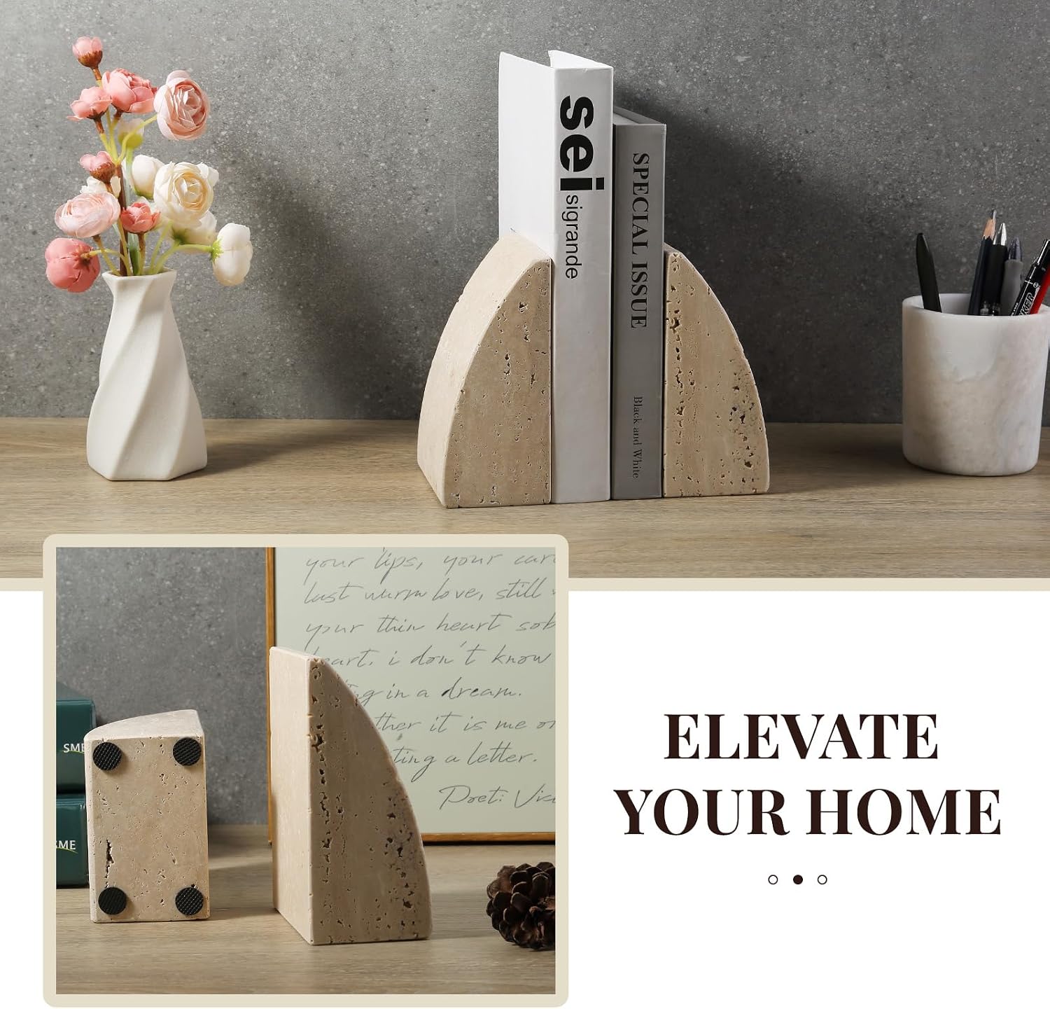 Travertine Bookends / Non-Slip Heavy Duty Book Stopper / Sail-travertine