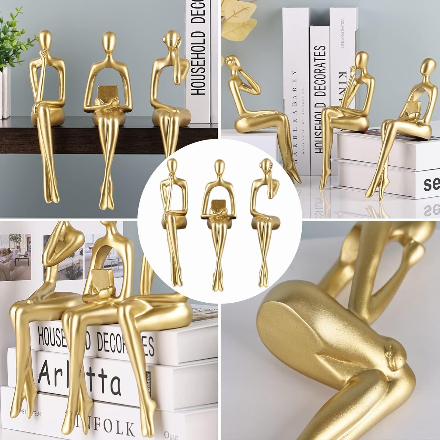 Resin Reading Sculpture Decor Sitting Thinker Statue Abstract Sculptures / Gold