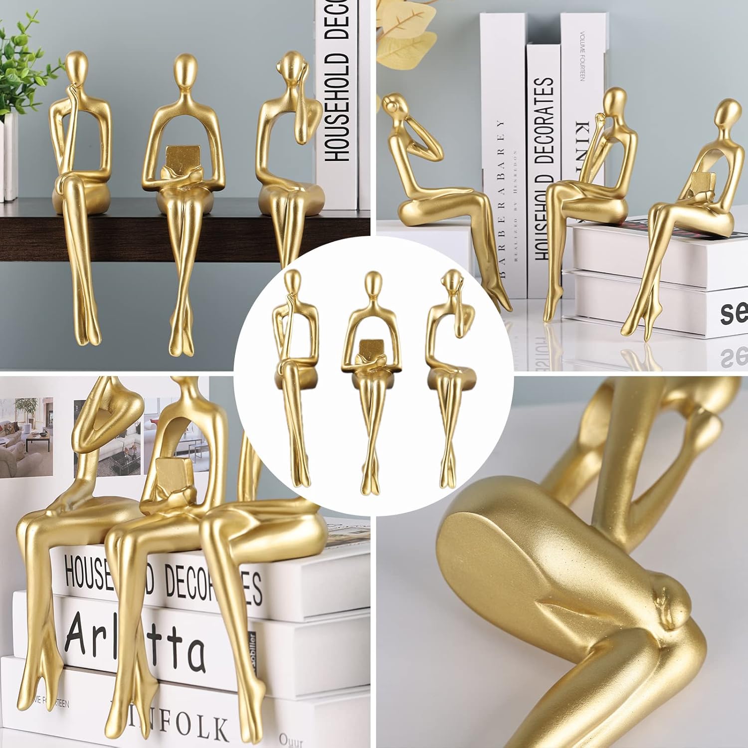 Resin Reading Sculpture Decor Sitting Thinker Statue Abstract Sculptures / Gold