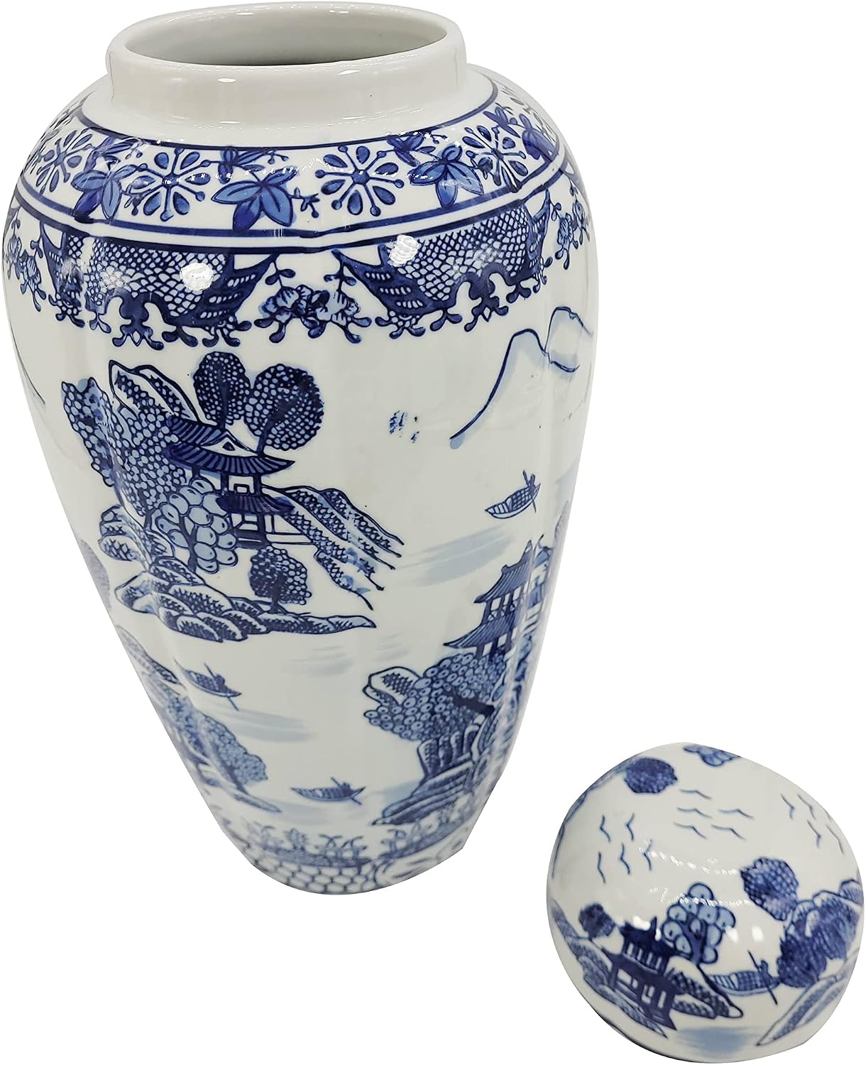 16" and White Urn Style Ceramic Porcelain Ginger Jar Temple Landscape Design Home Decor / Blue