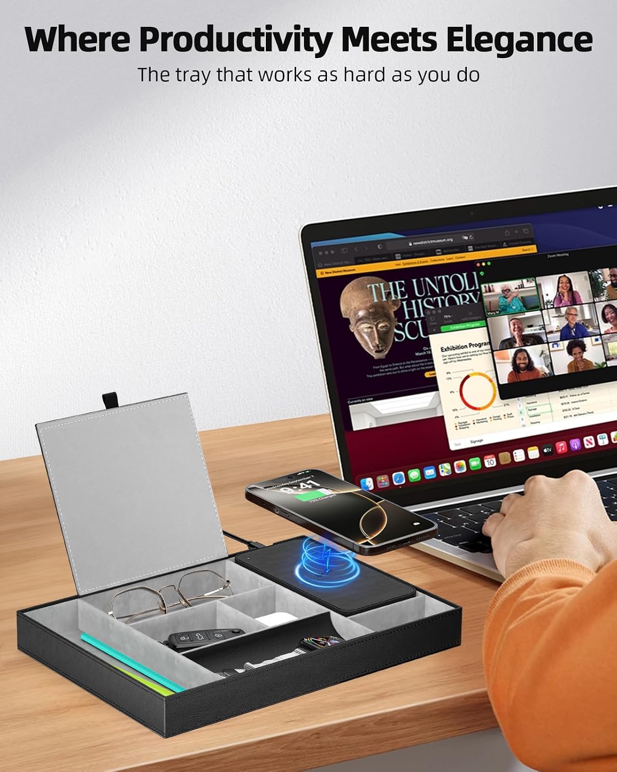 Leather Valet Tray with Wireless Charging Pad - Luxury EDC Nightstand Organizer for Men - Premium Desk Tray for Phone