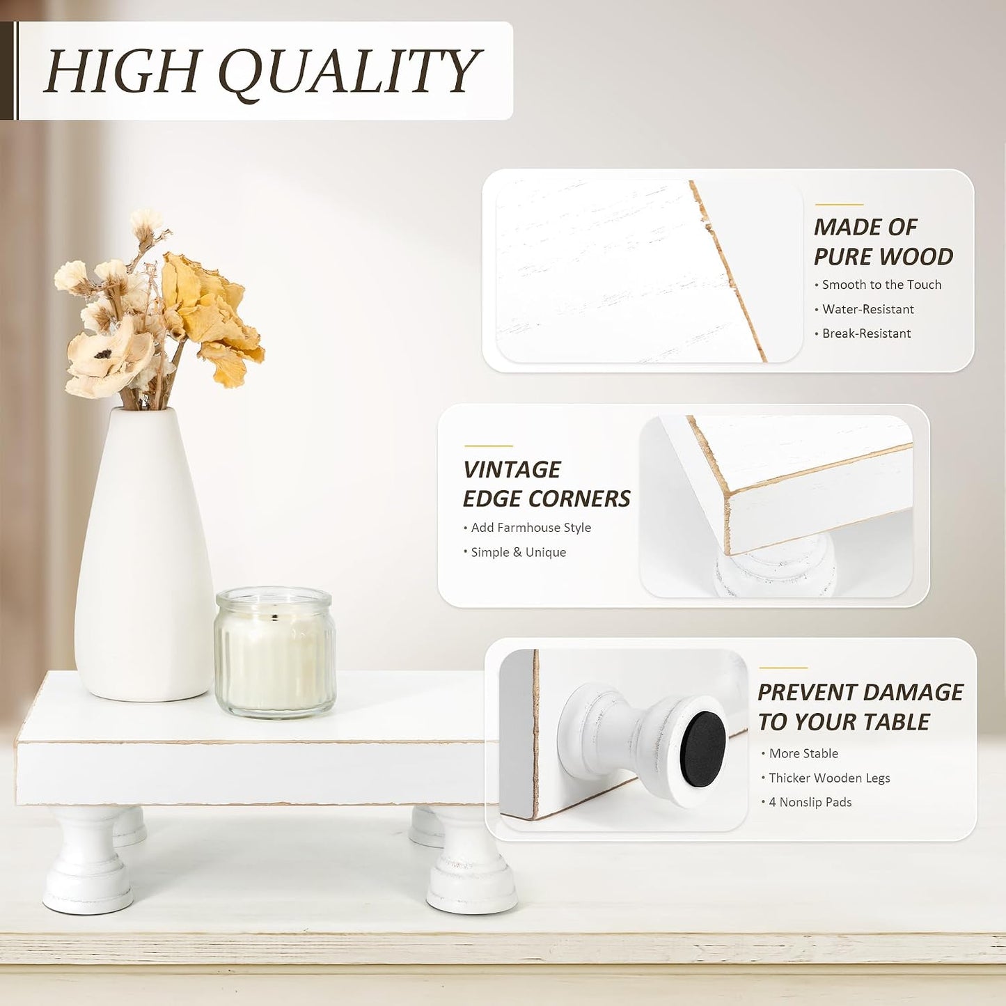 EOSAHR Wood Riser & Display Stand for Rustic Kitchen Decor, White | 8.5" Pedestal Stand, Plant & Dessert Farmhouse