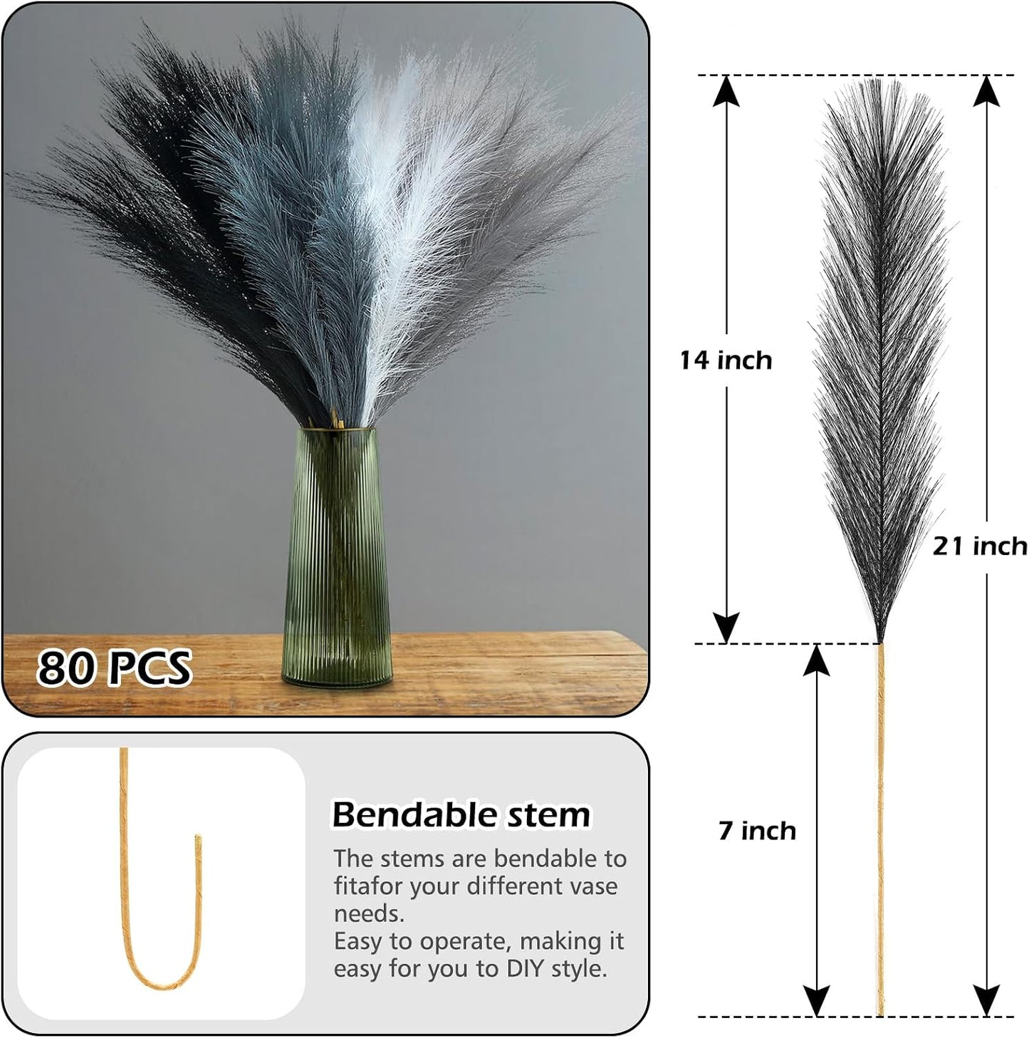 Pampas Grass Decor " Fluffy Black White Grey Faux Short / Black Grey White / 21.7 Inch / Set of 80