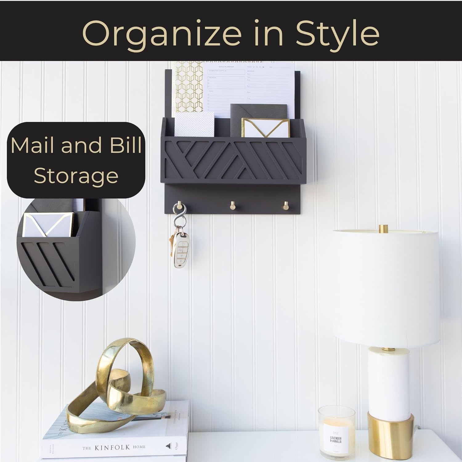 Wall-Mounted Mail and Key Holder in Grey Wood / Gray