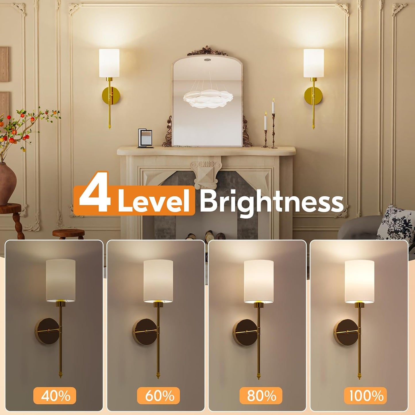 20.67 inch Battery Operated Wall Sconce Set of 2, Gold Rechargeable Wall Lights with 10400mAh Dimmable Bulbs and