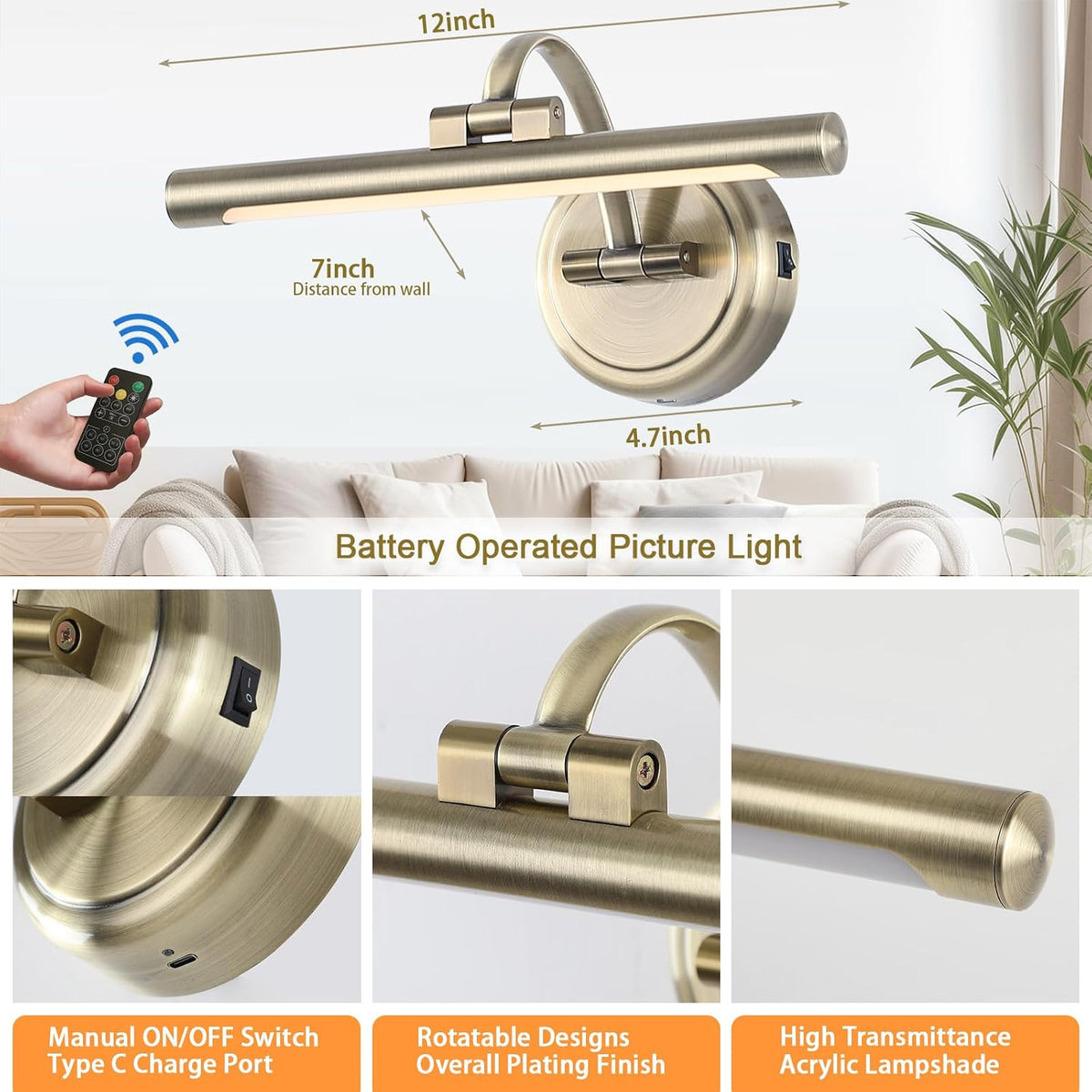 Picture Light for Wall,Battery Operated Art Lights for Painting,3 Color and Brightness, Adjustable Wireless Portrait