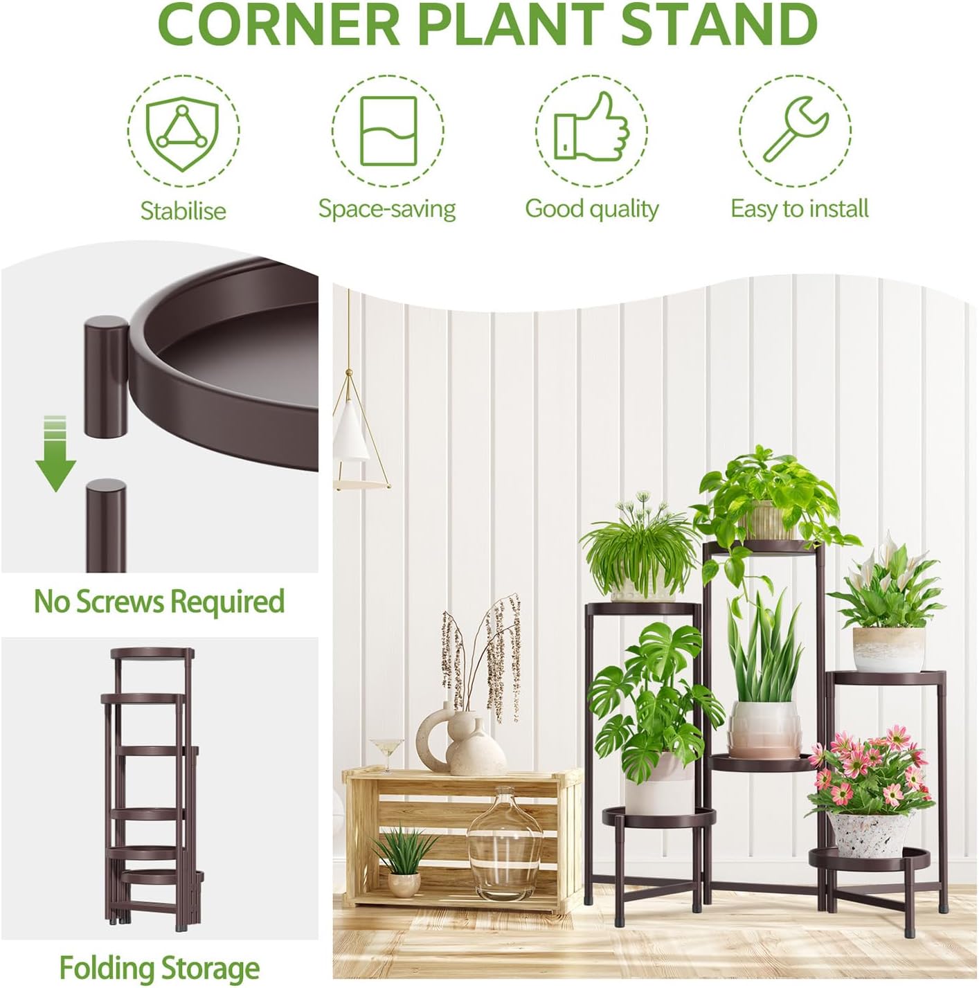 iDavosic.ly 6 Tier Large Plant Stand Indoor Outdoor, 10 Inch Tray, Bronze | Tiered Metal Corner Heavy Duty Multiple