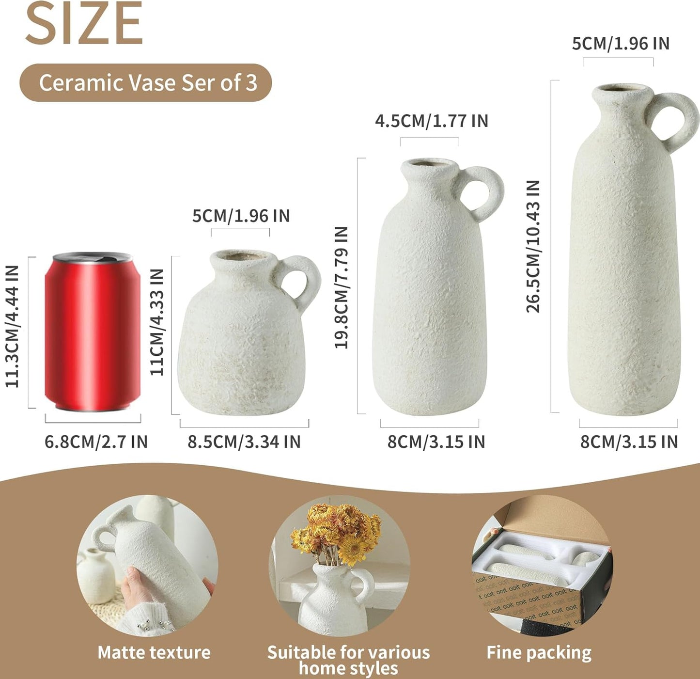 Ceramic Vase / 010 Vase Set with Handle - White / Set of 3