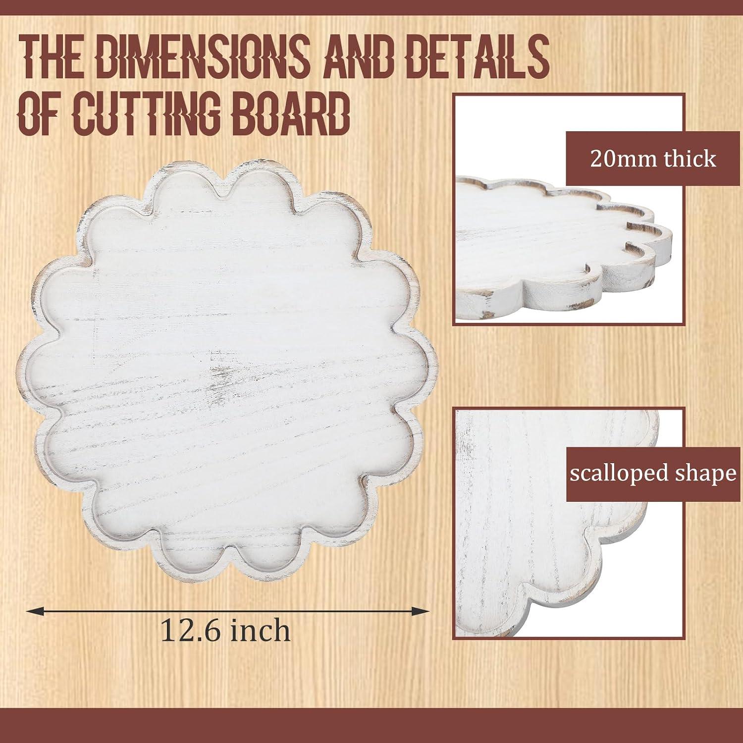 Decorative Serving Tray Wood Scalloped Serving Tray Round Wooden Display Plate / White / 12.6 Inch