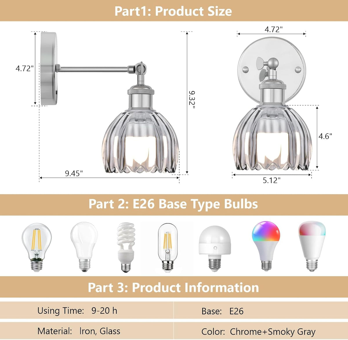 Vintage Battery Operated Wall Sconce, Smoky Gray Tulip Glass Lampshade Wireless Rechargeable Battery Powered LED Wall