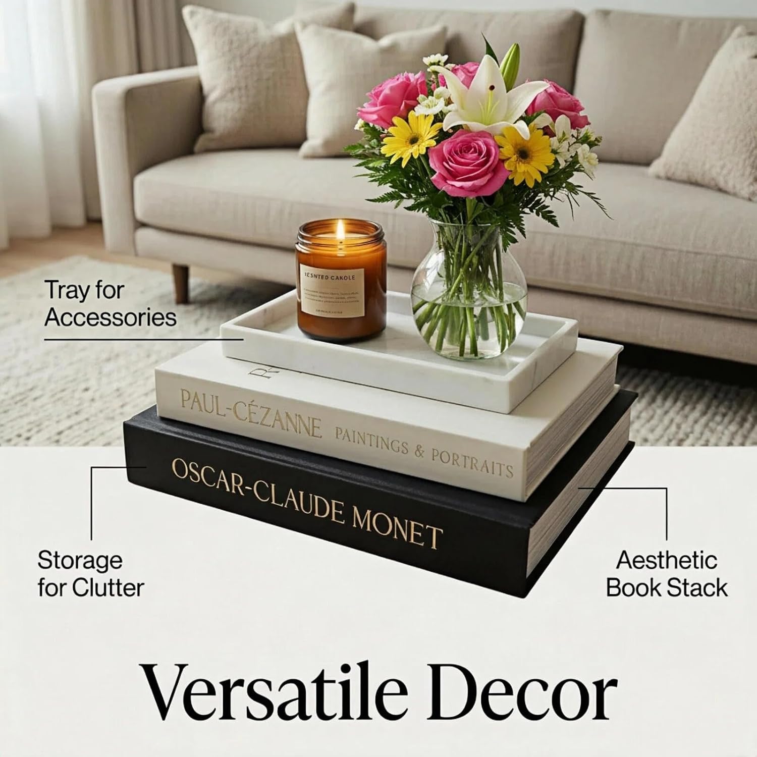 Decorative Books / Dark Blue and Beige with Marble Appearance Tray