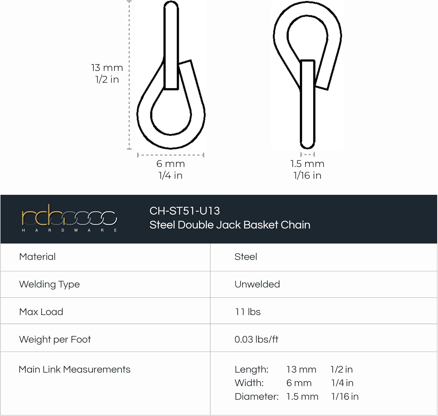 CH-S51-16-AC-3 Steel Basket Chain / U13 / Antique Copper