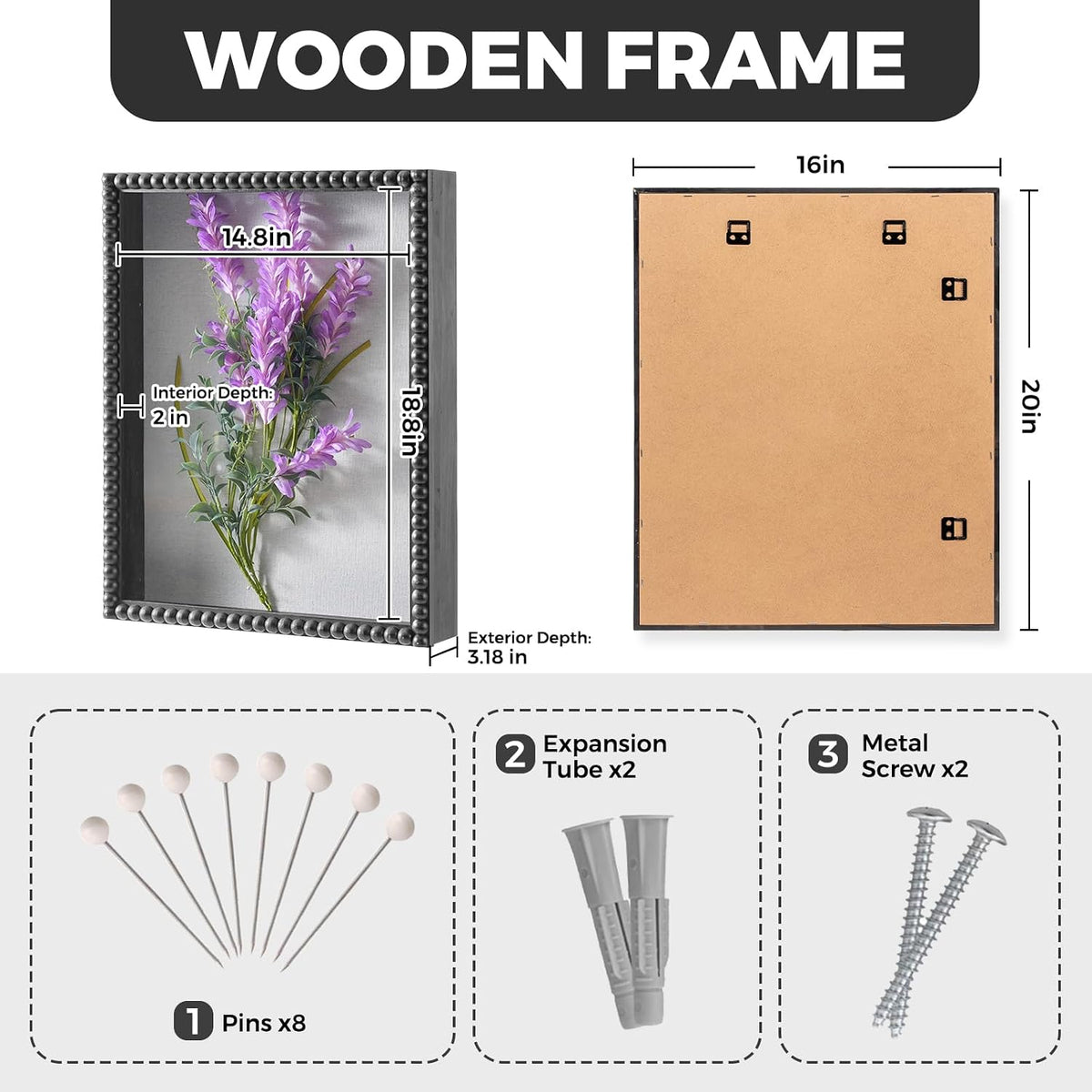 Muzilife 16x20 Shadow Box Pine Wood with Unique Bead Door, 3.18 Deep, Black | FSC- Solid Pine | Tempered Glass