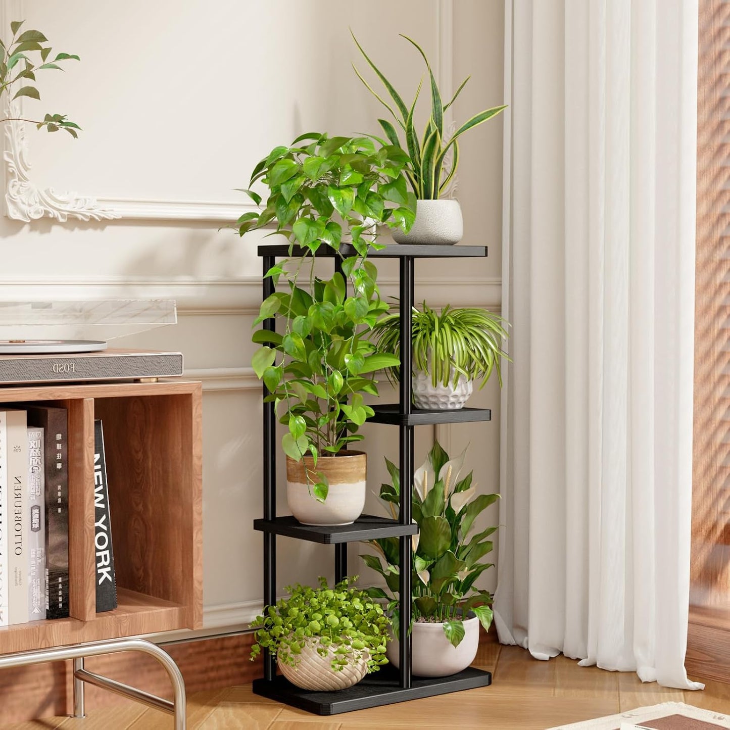 Bamworld Plant Stand 4 Tier Corner Metal Shelf Black | Tiered shelf displays multiple plants in living rooms, bedrooms
