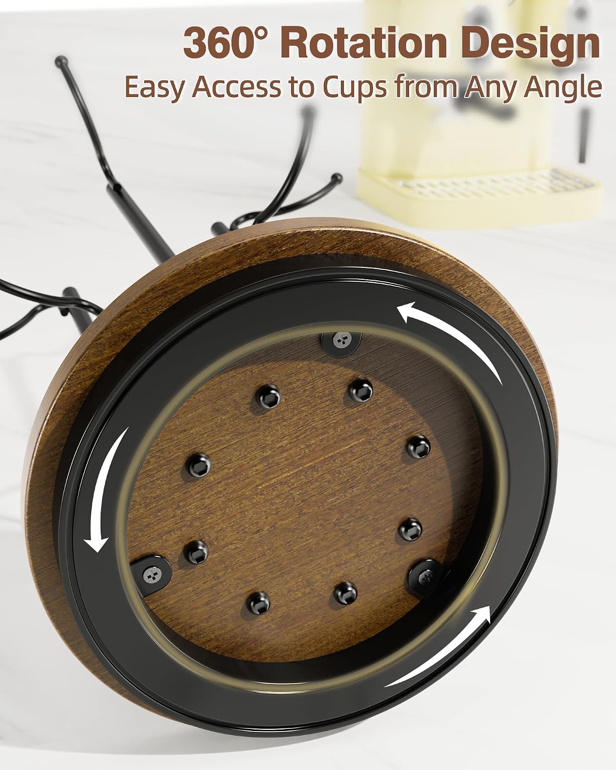 8-Hook 360° Rotating Large Coffee Mug Tree for Counter, Wood Base, Brown | 360° rotation, 8 mugs (12-16oz), 5.7"