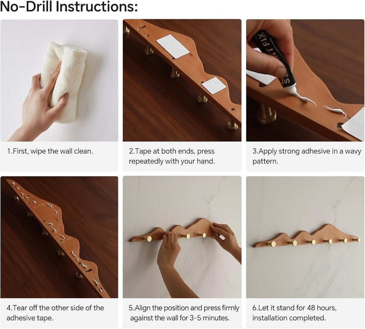 Wall Coat Rack Cherry Wood 6 Hooks | Elegant, Solid Coat Hanger, Wall Mount with Brass Hooks, Moisture-Resistant Wax
