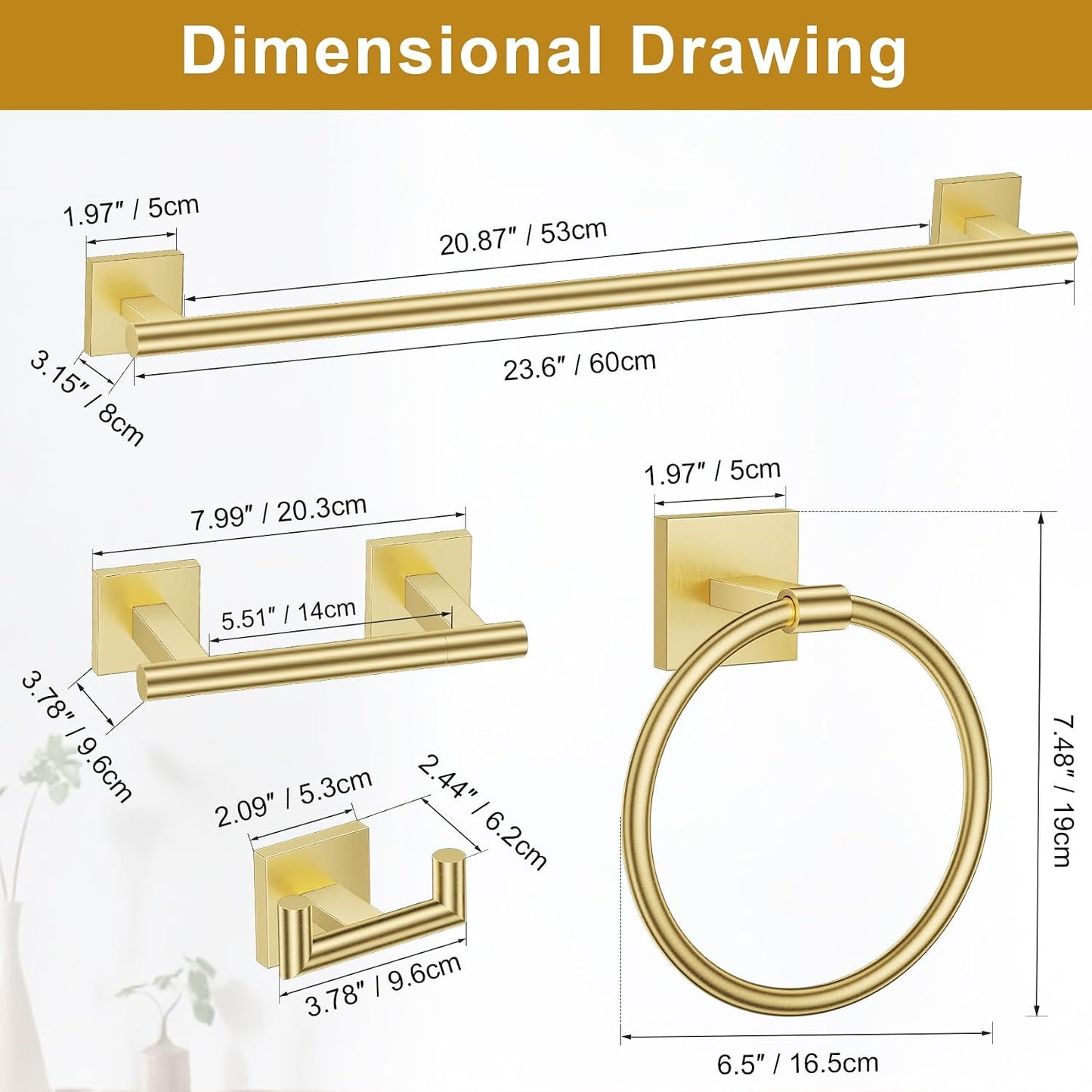 Brushed Gold Towel Bar Set, 5 Pieces Double Dase Toilet Paper Holder Bathroom Hardware Set, 23.6 Inch Stainless Steel