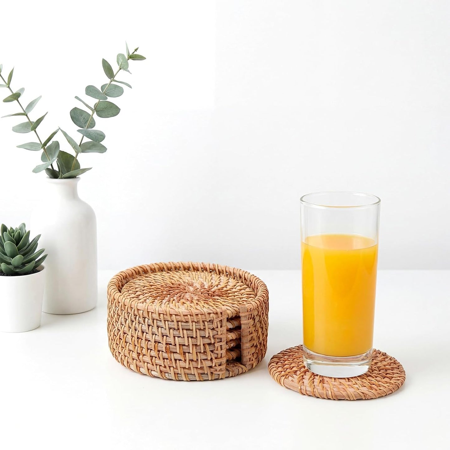 2 Holders / Rattan Coasters Set / Natural / Set of 12
