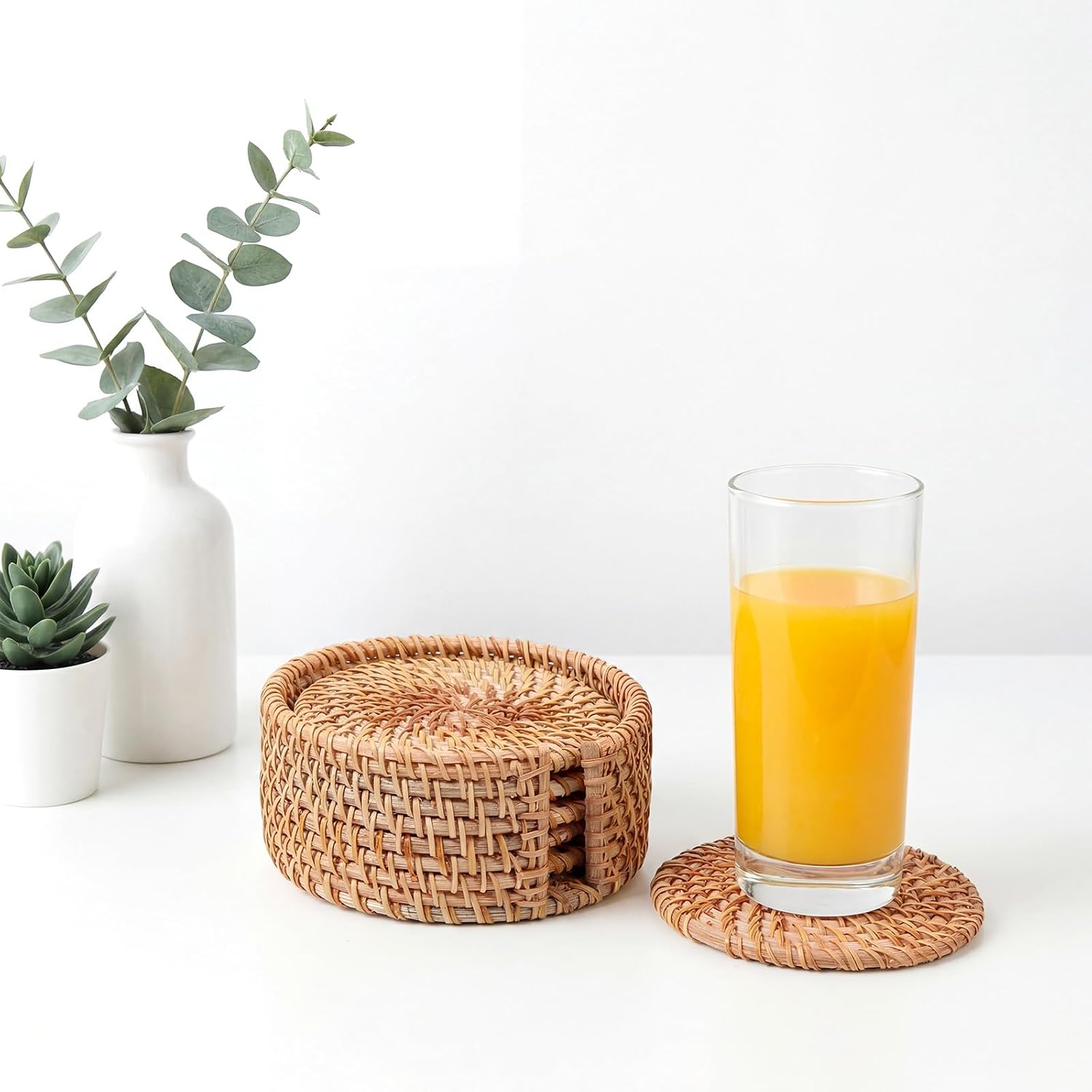 2 Holders / Rattan Coasters Set / Natural / Set of 12