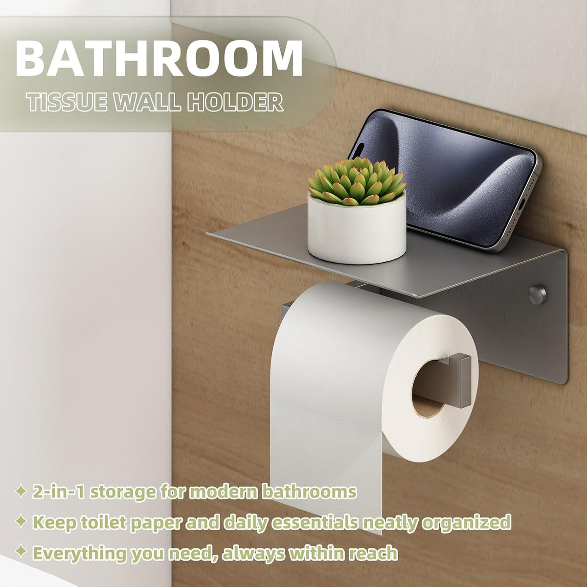APLusee Toiler Paper Holder with Shelf, Gunmetal Gray, 304 Stainless Steel | Rust-resistant for Bathroom, Restroom