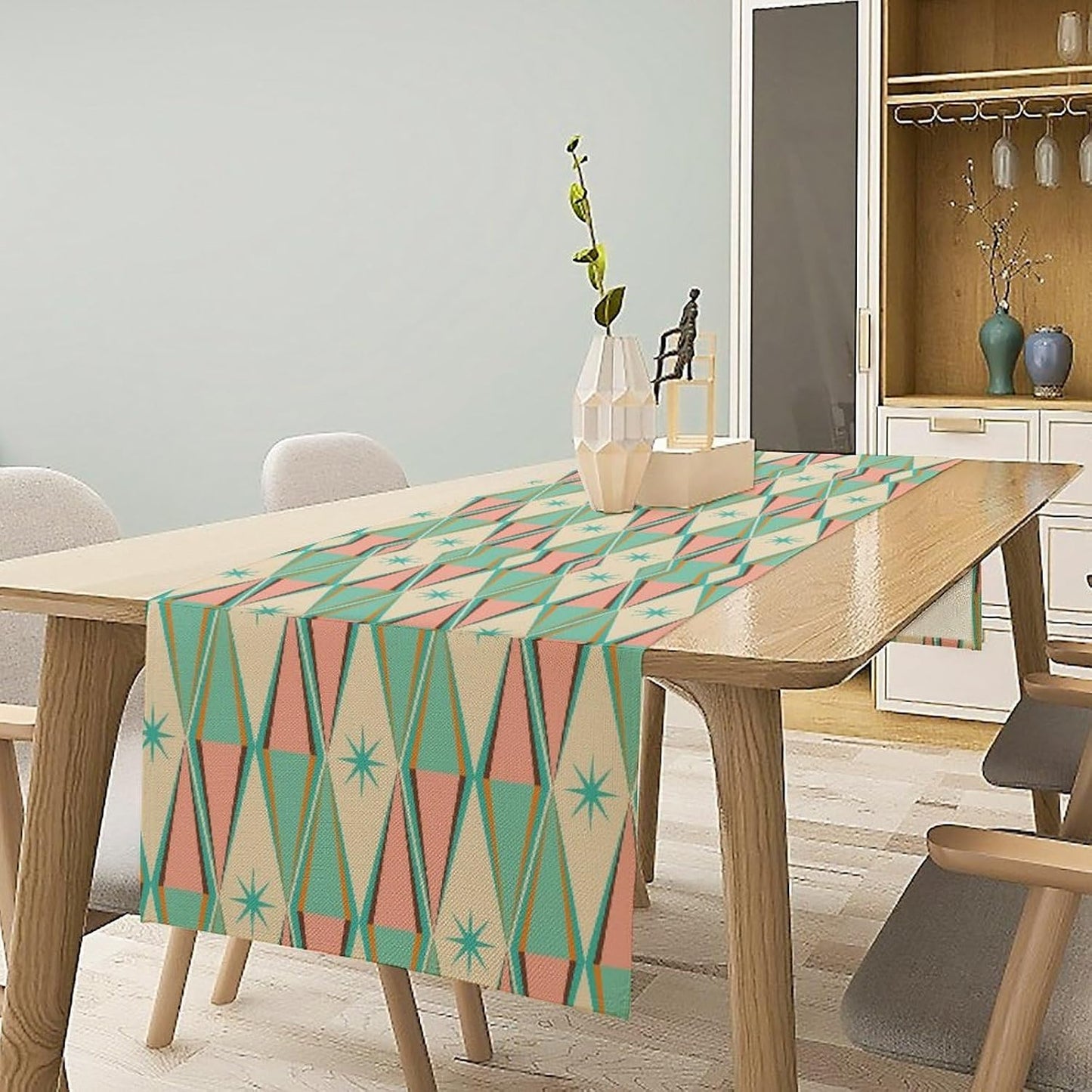 Mid Century Kitchen Table Runner,Abstract Aesthetic Geometric Mid Century Retro Modern Patterns Printed Linen Table