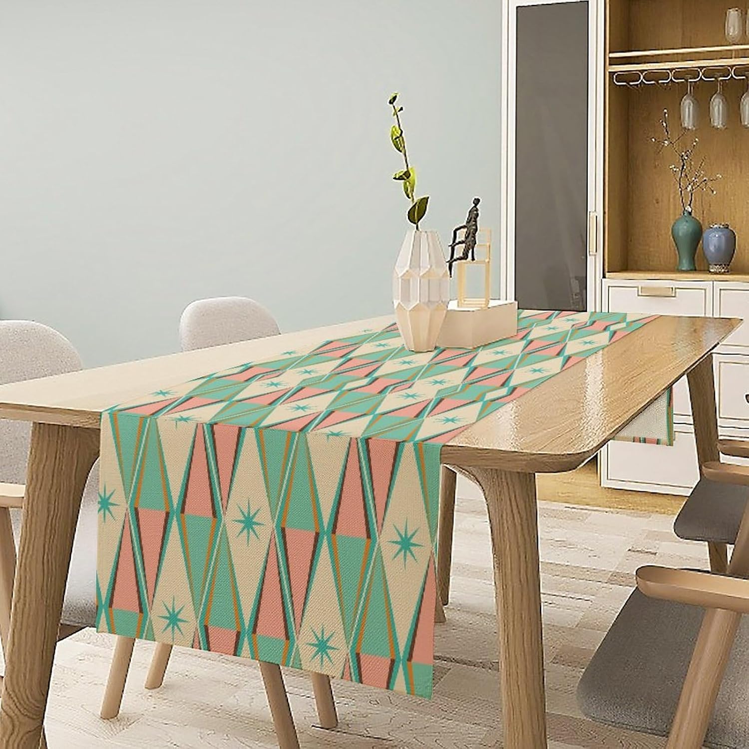 Mid Century Kitchen Table Runner,Abstract Aesthetic Geometric Mid Century Retro Modern Patterns Printed Linen Table
