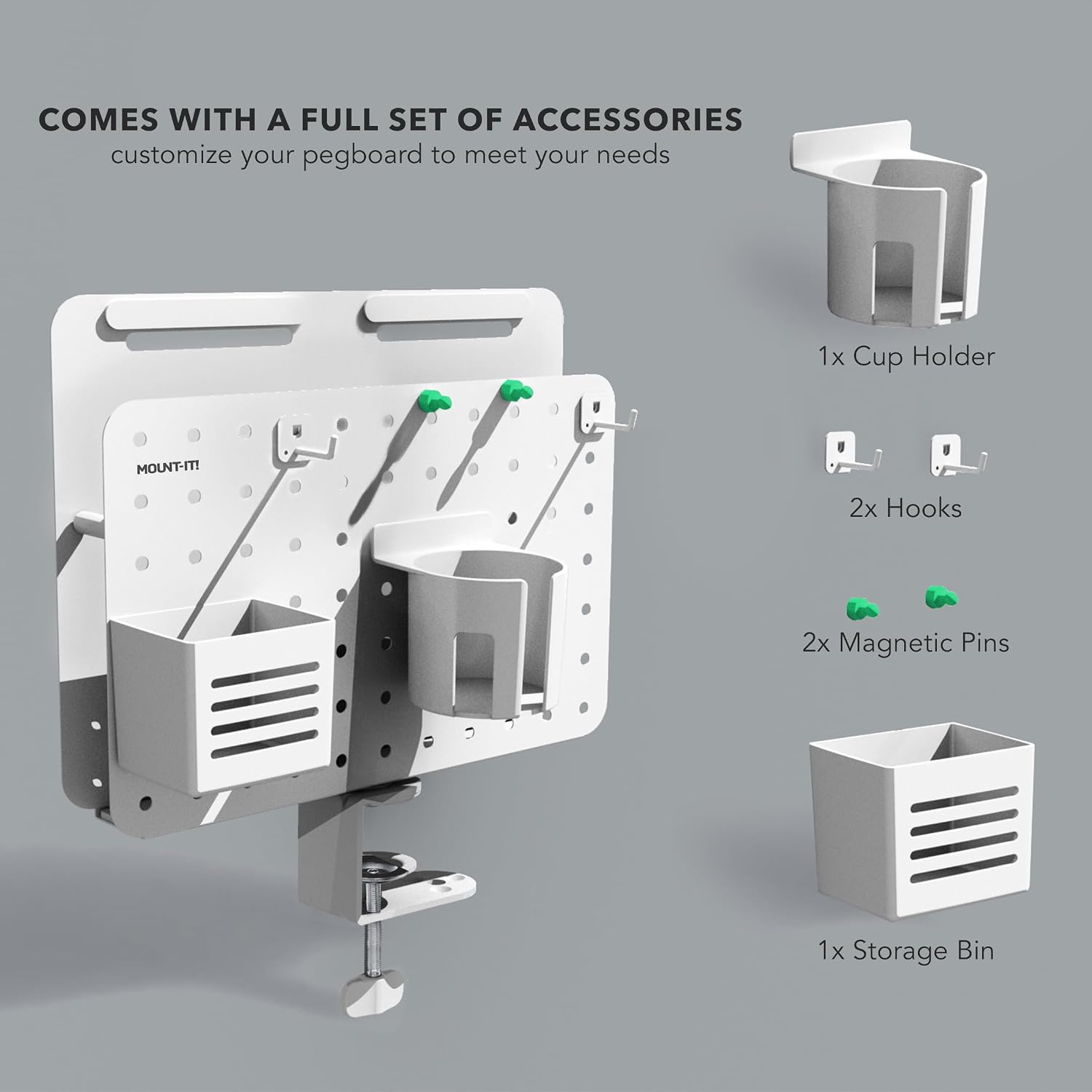 Mount-It! Desk Pegboard Organizer, 360 Rotation, White | Clamp-on desk storage with cup holder, pen holder, hooks &