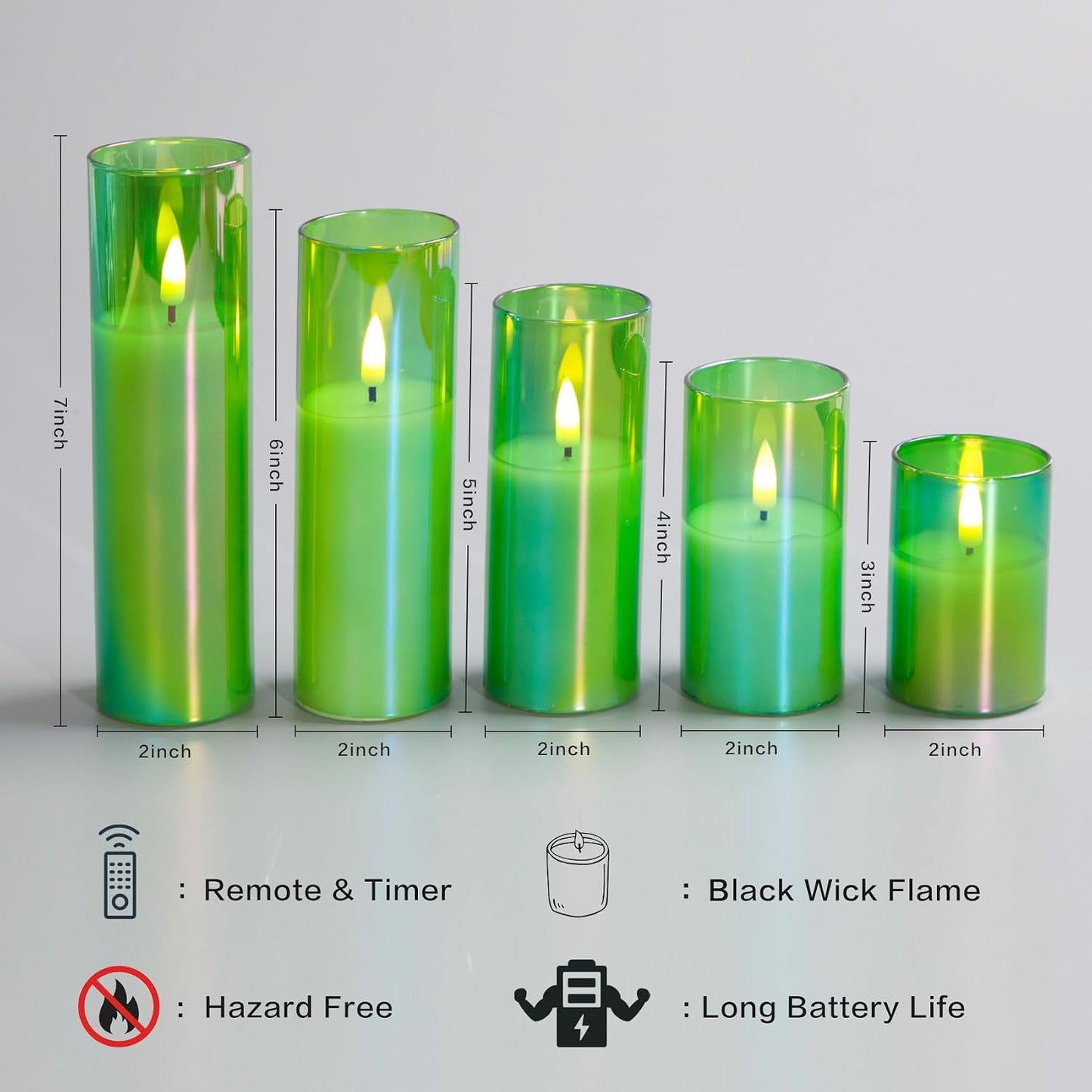 Green Glass LED Pillar Candles with Remote Batteries Set of 5 | Flickering Slim Tall LED Candles, Fireplace Home Table