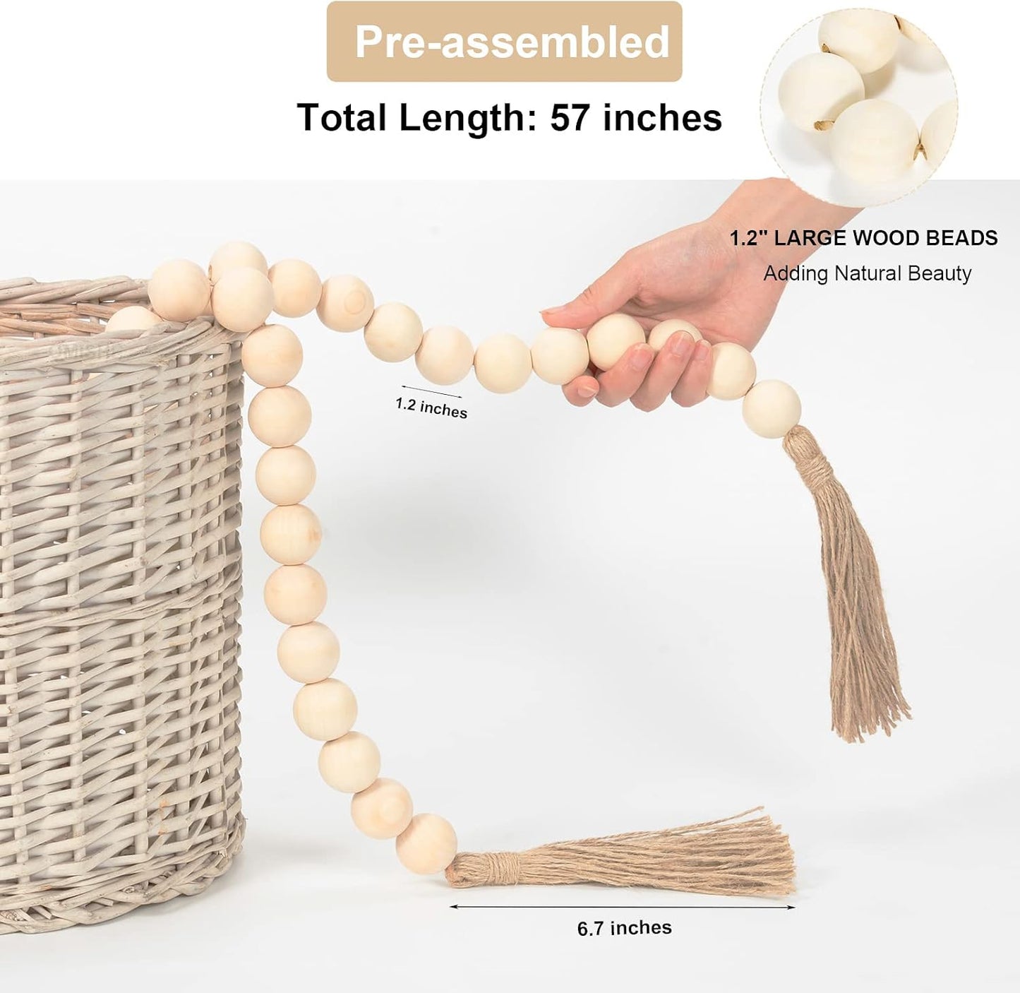 57" Long Large Wood Bead Garland / 01 Beige / 57 Inches