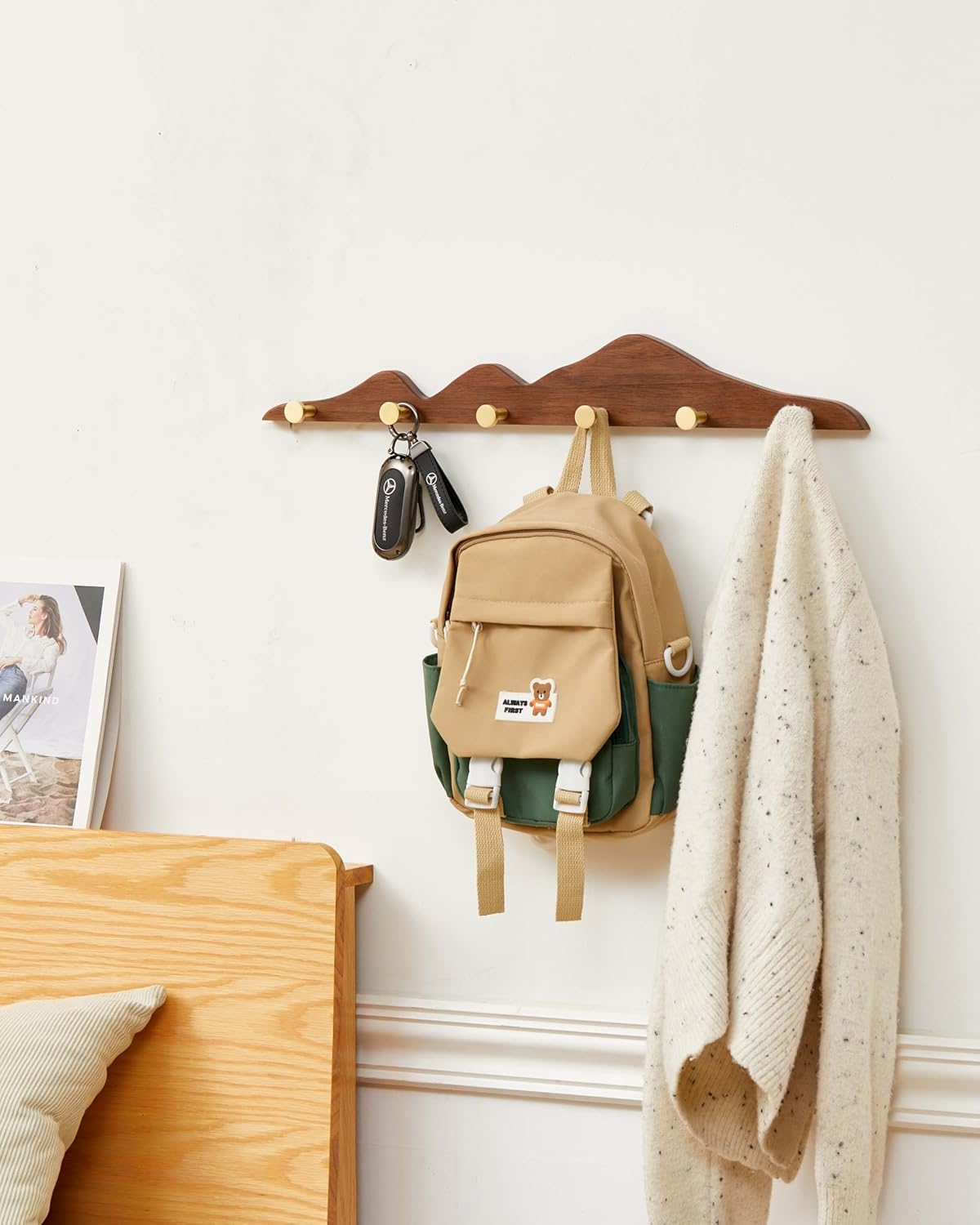 Wood Coat Hooks Wall Mount - Wooden Coat Rack with 6 Gold Brass Hooks for Entryway Bathroom Bedroom, Modern Decorative