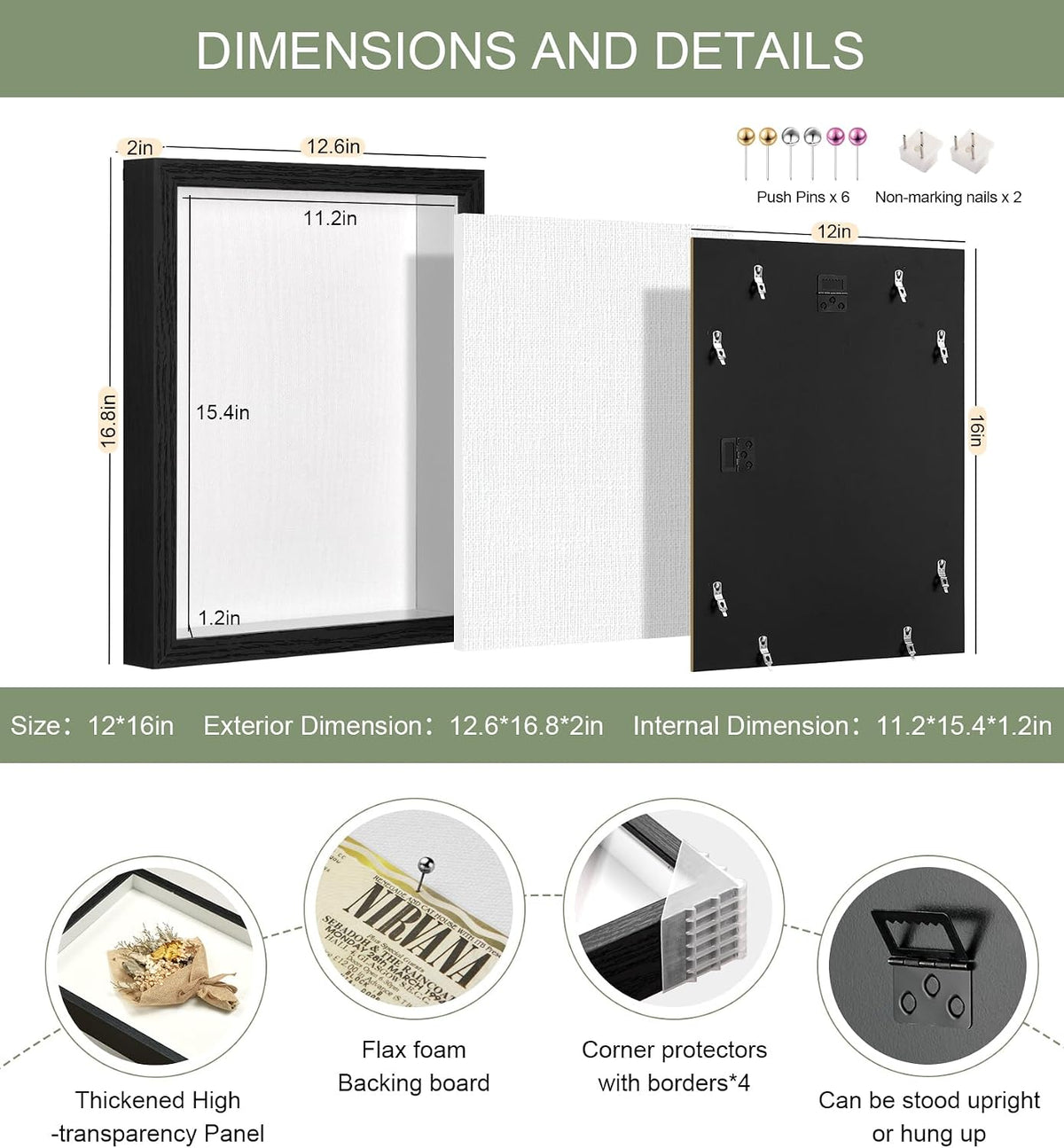 12x16 Large Shadow Box Frame with Thickened Acrylic Panel & Pins | With Linen Back, Deep 1.7" Black Shadow Box Display