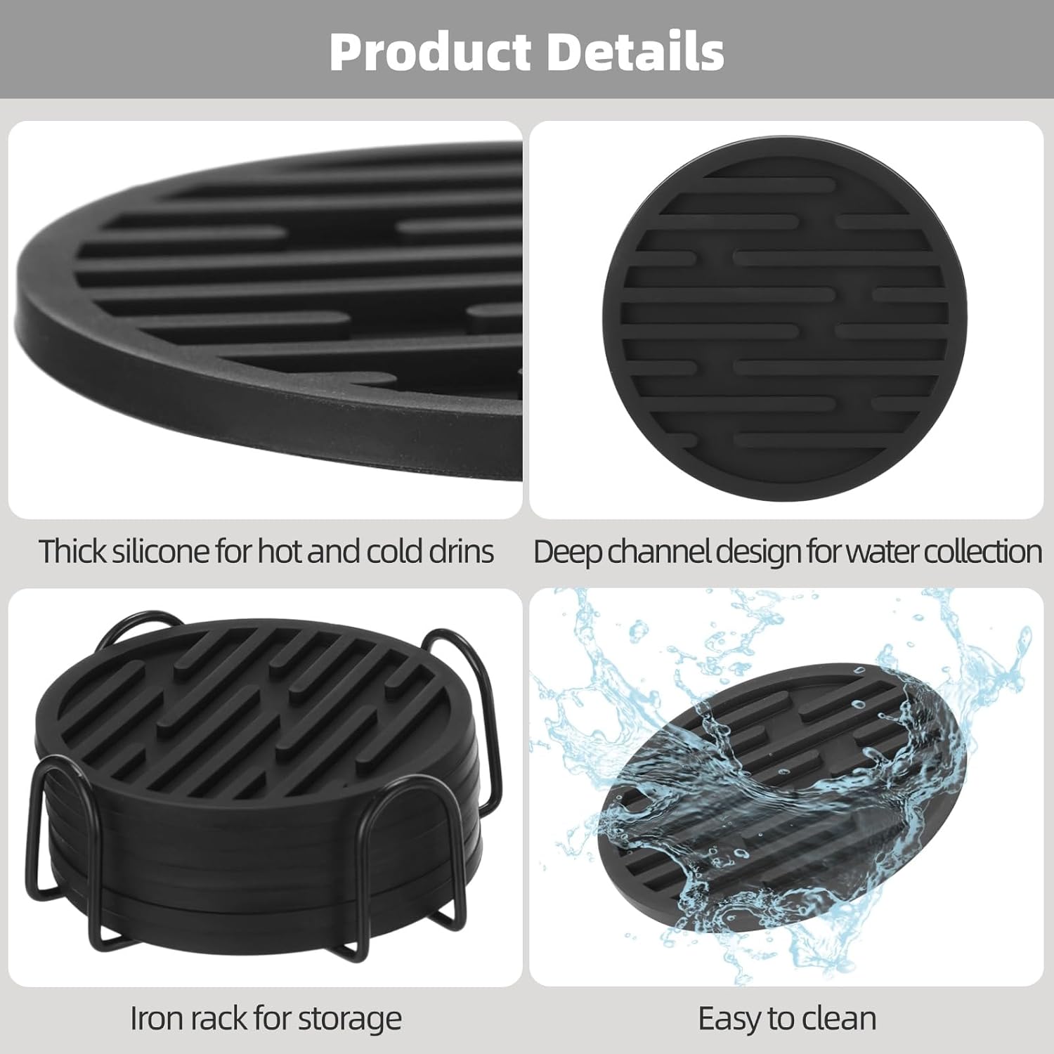 Storage Holder / in Round Modern Groove Pattern Drink Mats / Black / 3.9 Inch / Set of 8