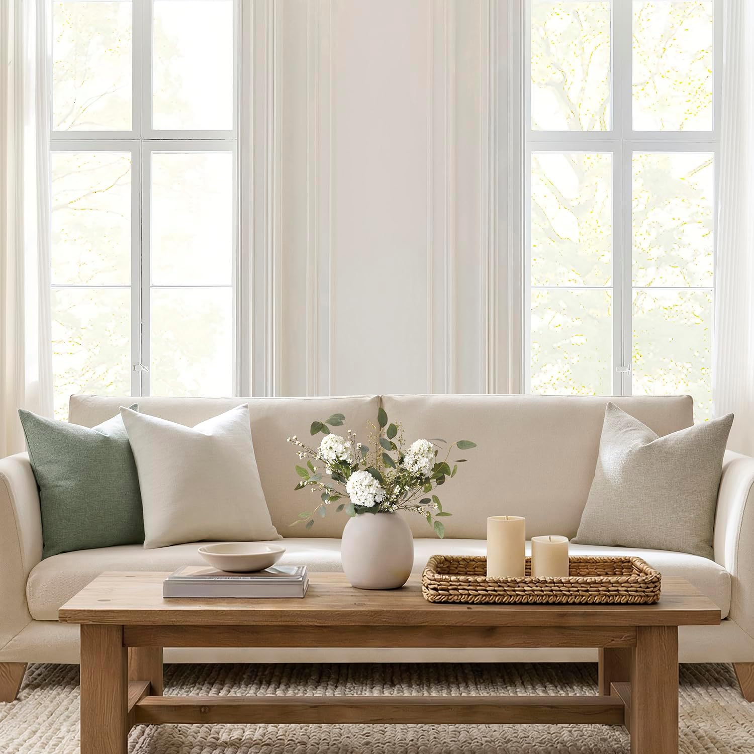 Modern Farmhouse Linen Blend Decorative Pillow Covers / Ivory / 18 x 18 / Set of 2