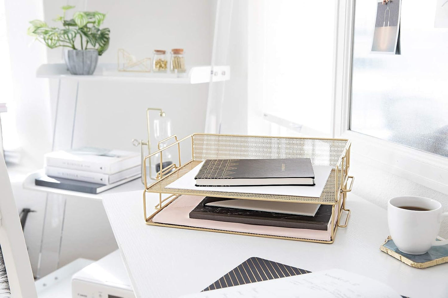 BLU MONACO | Paper Tray Stackable Gold Mesh Set of 2 | Stackable File Trays for Desk Organization | Tiered Desk