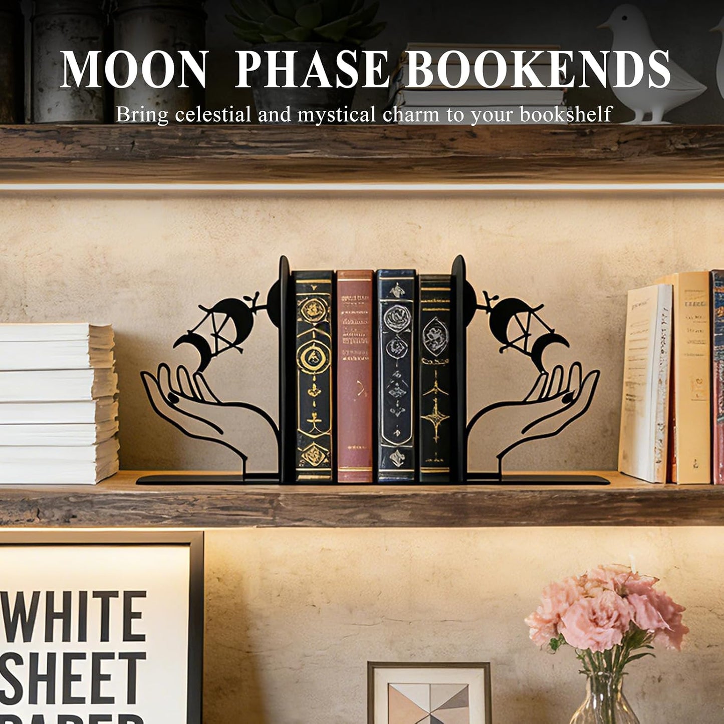 Metal Moon Phases Bookends Heavy Duty Gothic Book Ends