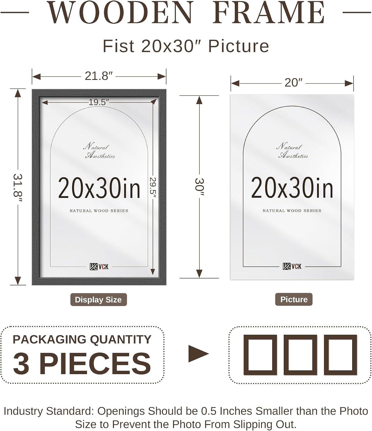 VCK 20x30 Poster Frames Set of 3, Grey Woodgrain, Wall Hanging | Wide Border, Exclusive Woodgrain, Shatterproof