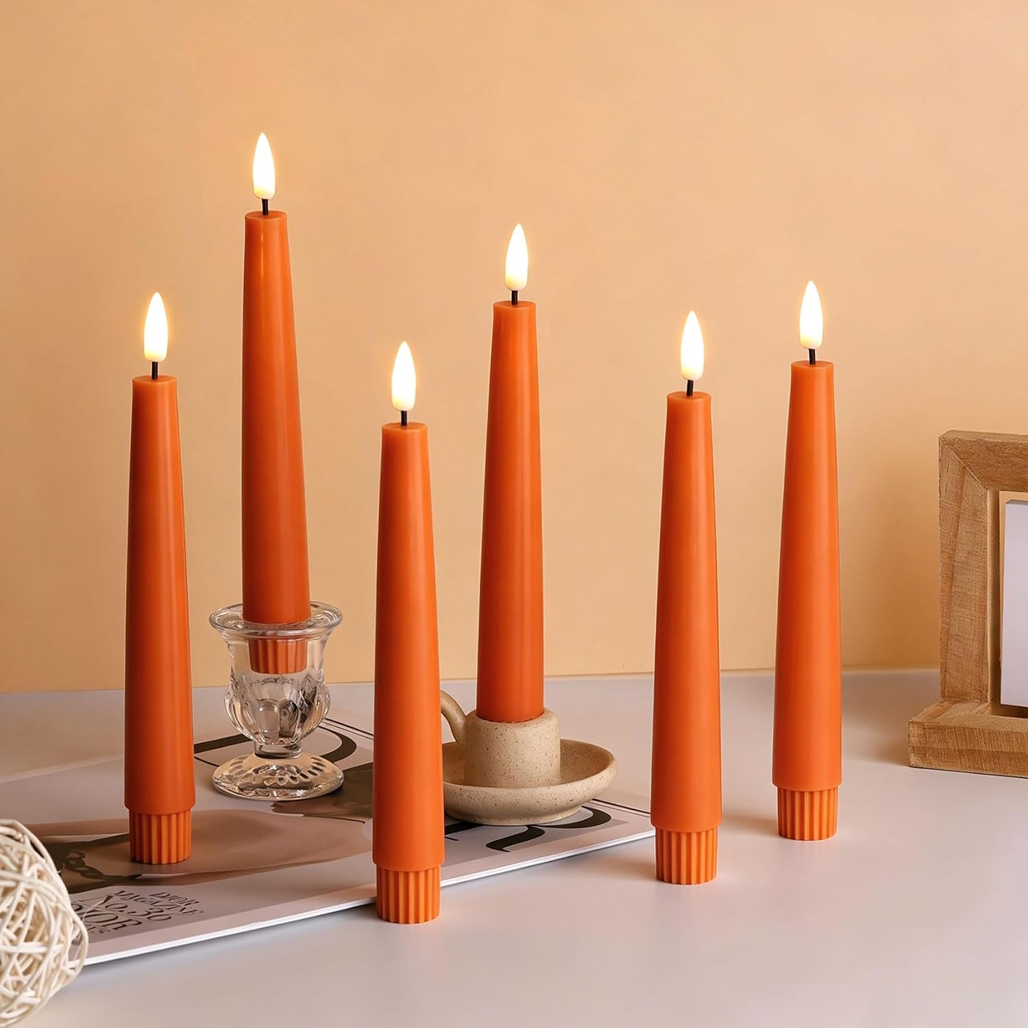 Short Burnt Orange Fall LED Taper Candles with Remote Set of 6 | Flickering Halloween LED Candlesticks, Real Wax