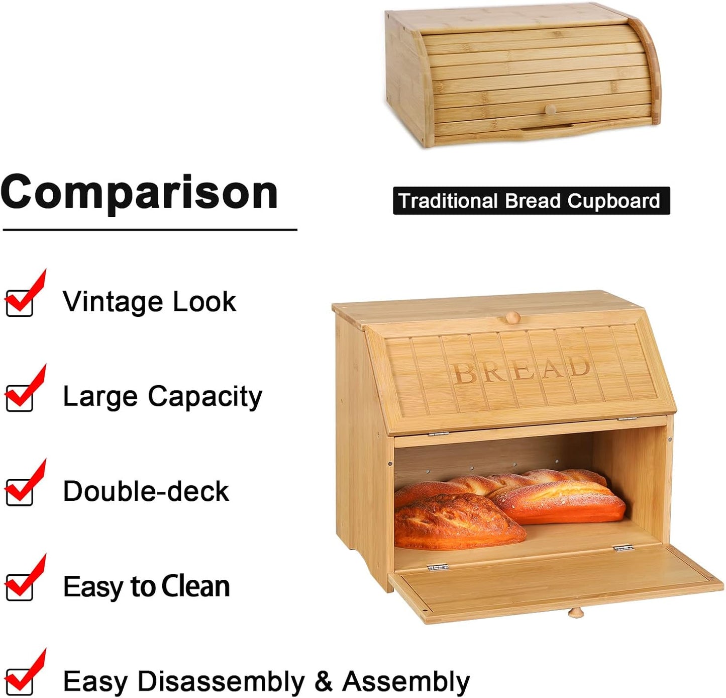 HOMEKOKO Vintage Double Layer Large Bread Box, Retro Design, Natural Bamboo | Keeps Bread Fresh 3-4 Days, 2-Tier