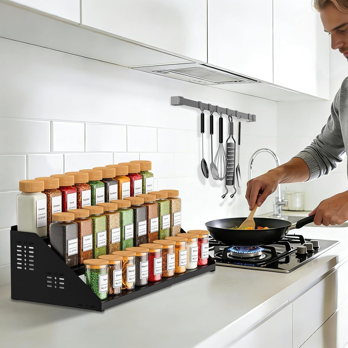 RCHYFEED 3 Tier Spice Rack Organizer for Cabinet,Expands 13.4 to 21.8 Inch | Black, Height Adjustable Metal Spice Rack