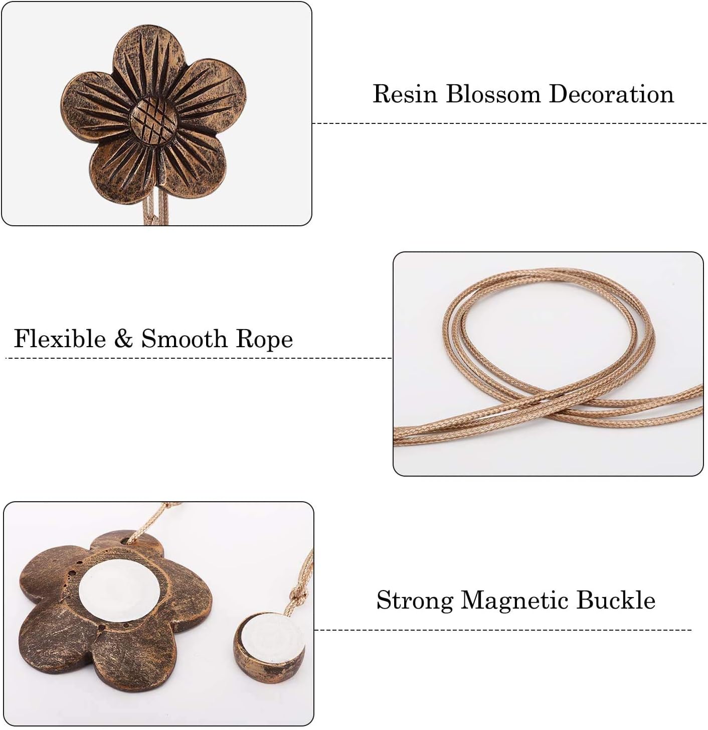 Lewondr Magnetic Curtain Tiebacks, Flower Vintage Curtain Holdbacks, Coffee | 2 Pairs, Resin Curtain Ties with Rope