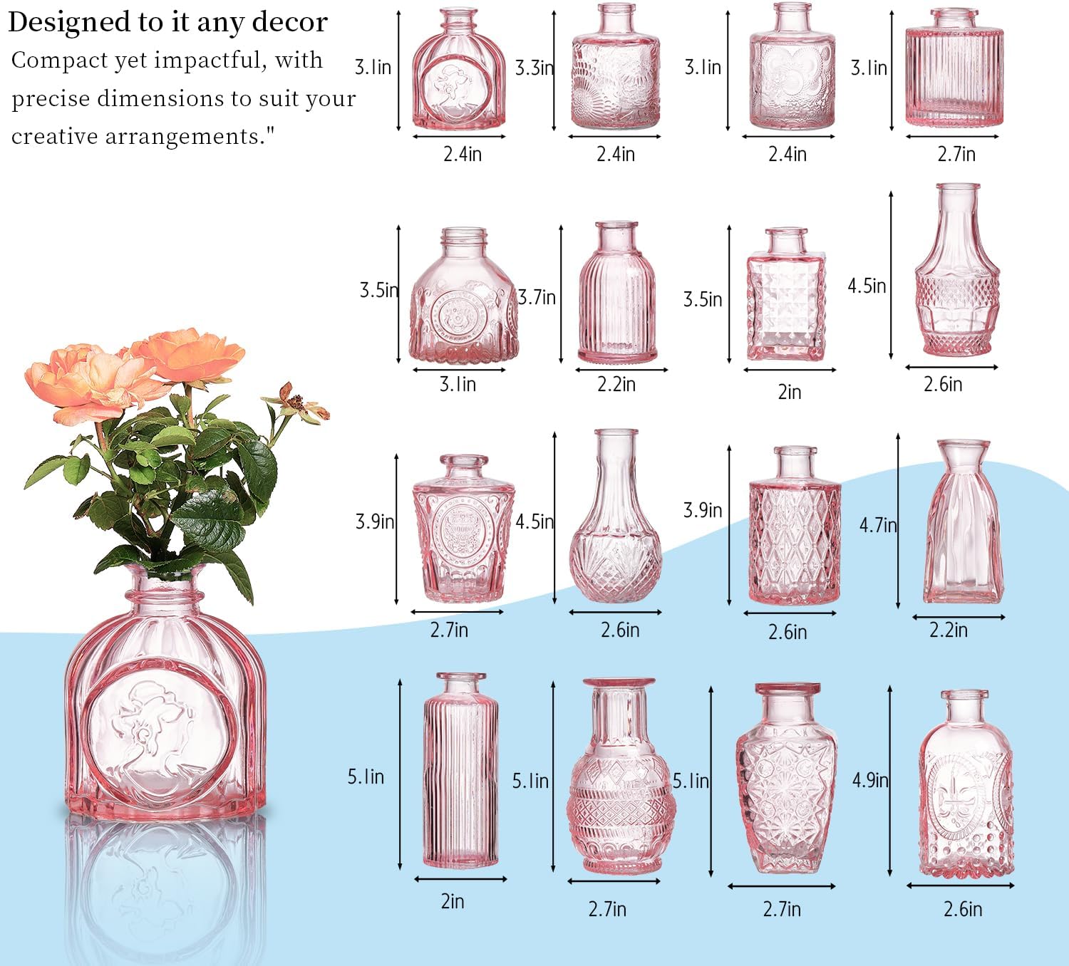 Crystal Vintage Vase Set / Pink / Set of 16