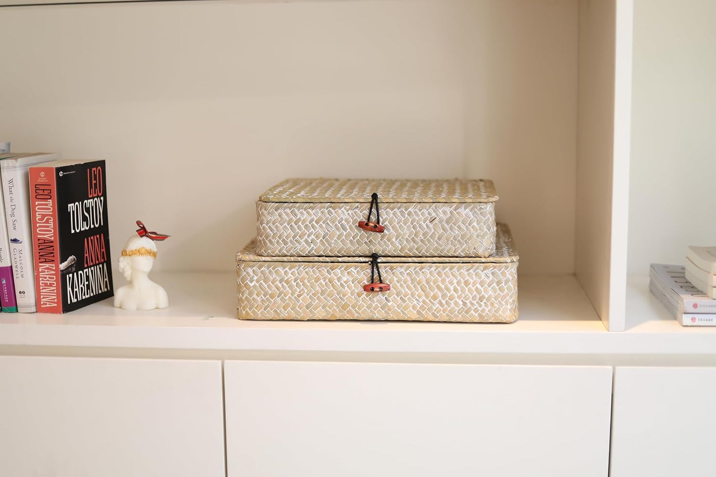 Wicker Basket / Flat Seagrass Storage Bins / Whitewash / Set of 2
