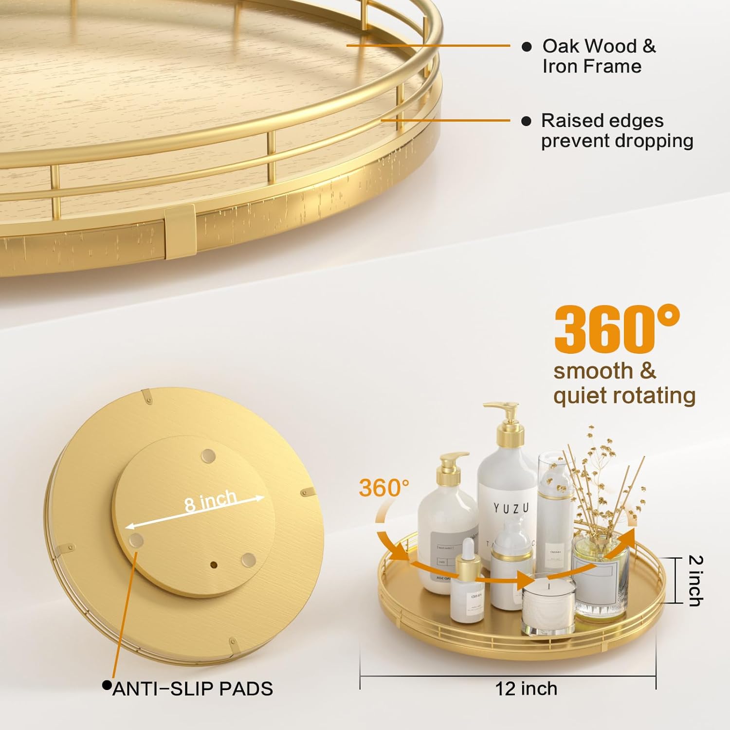 Oak Wood Lazy Susan Turntable Organizer for Dining Coffee Table / Golden / Gold / Set of 12