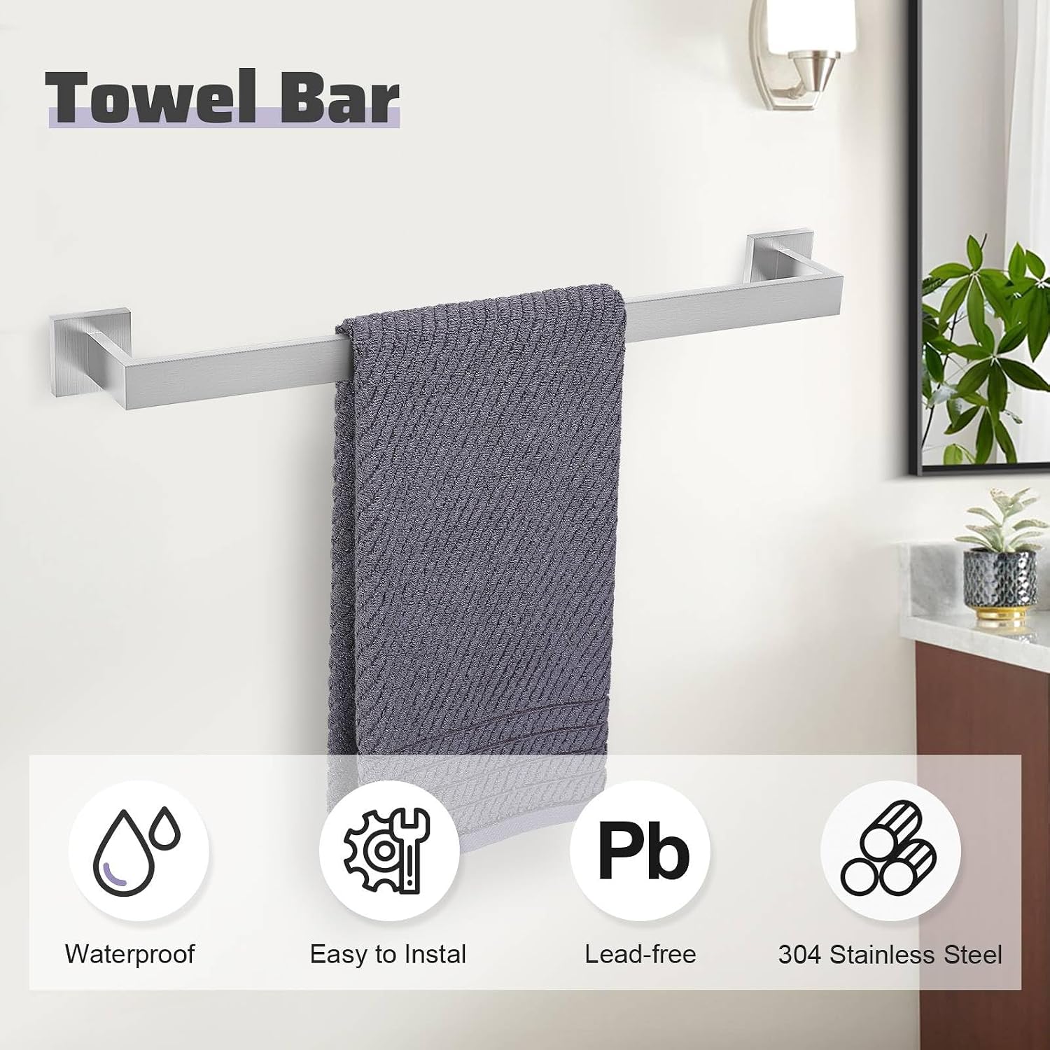 Brushed Nickel Towel Bar Set,5-Piece Bathroom Hardware Set Includes Upgraded Double Base Paper Towel Holder Modern