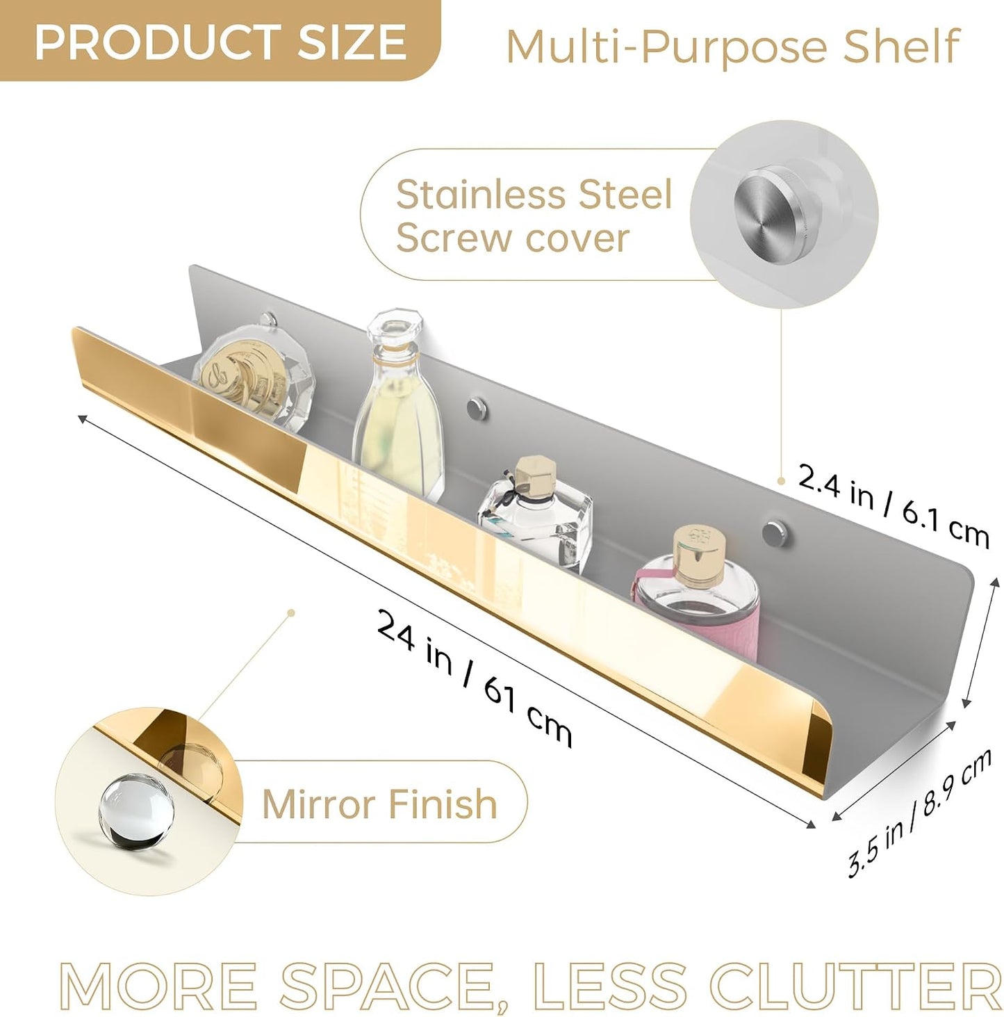 2 Packs 24 inches Gold Acrylic Shelves,Book Shelf for wall | Wall Mounted Display for Kids