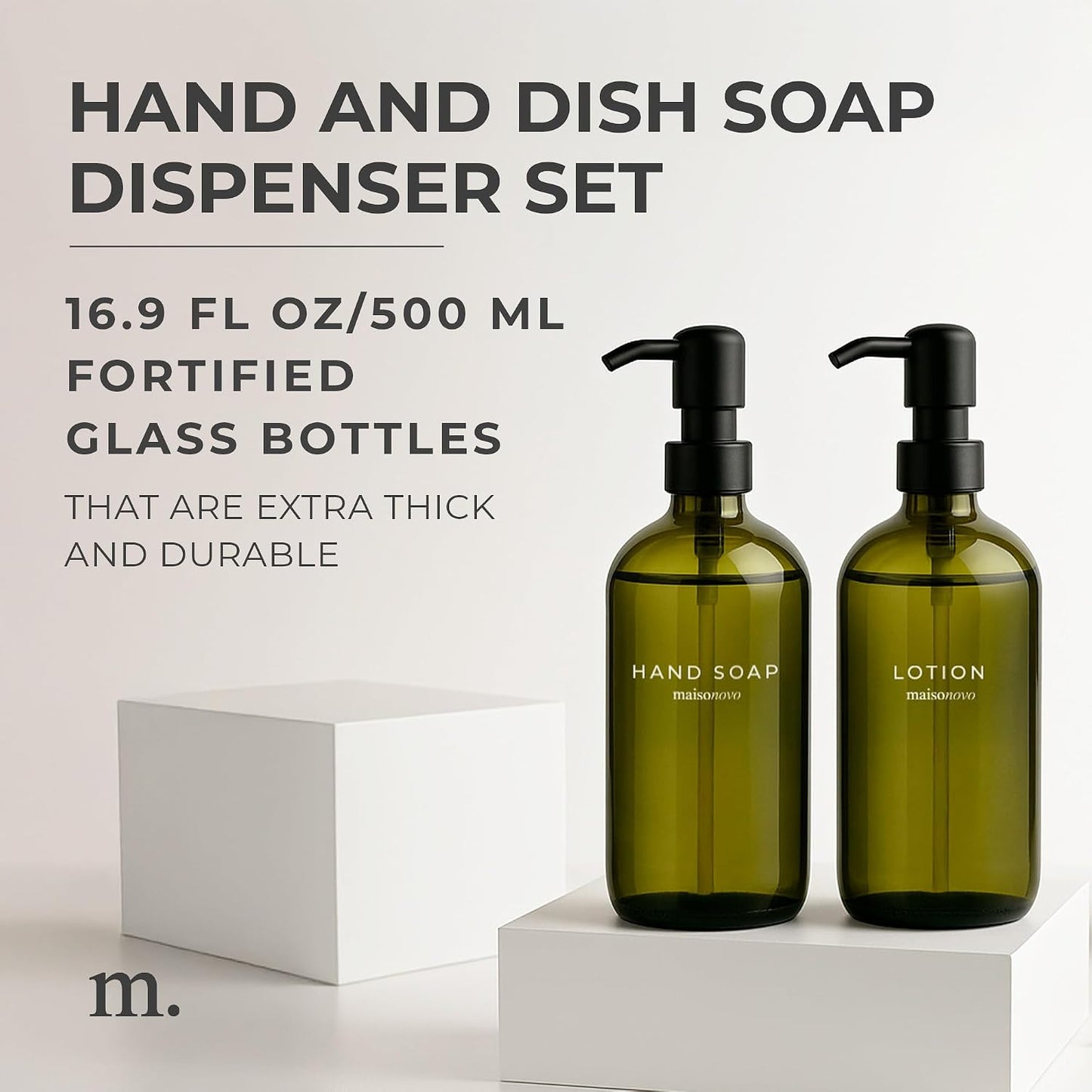 MaisoNovo Soap Dispenser 2-Piece Set | 16.9oz Green Bottles with Black Plastic Pumps