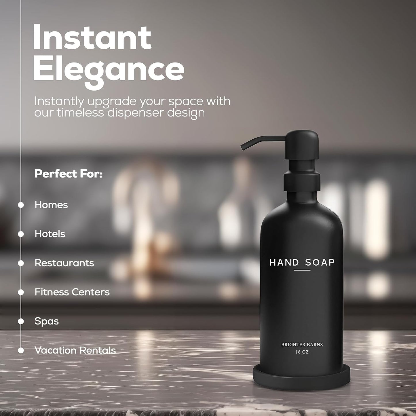 Black Glass Hand Soap Dispenser Bathroom Set by Brighter Barns - Bathroom Soap Dispenser Set with Tray and Stainless