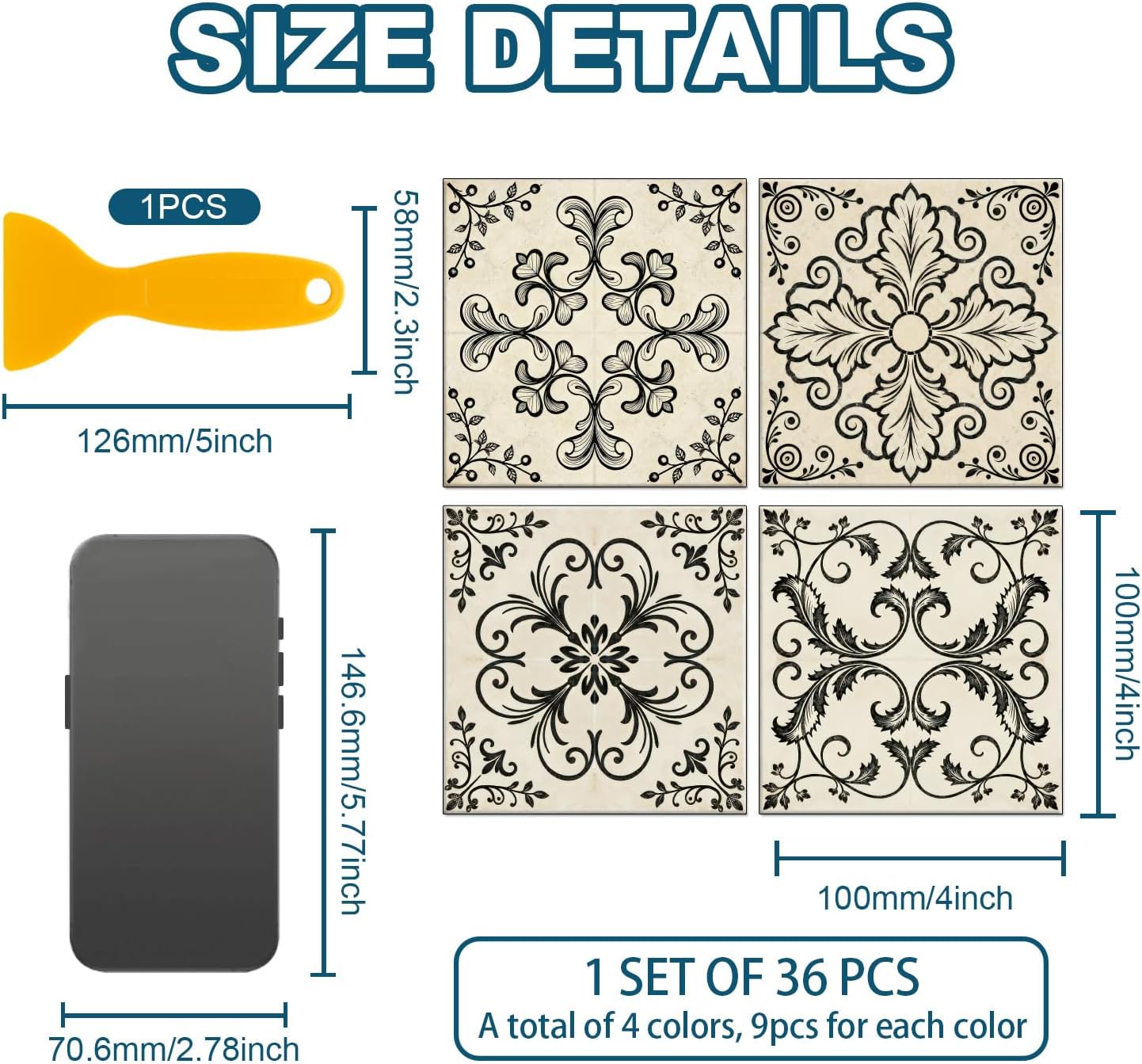 4 Style Retro Pattern Peel and Stick Wall Tile Sticker Pattern Wall / Line Drawings / Set of 36